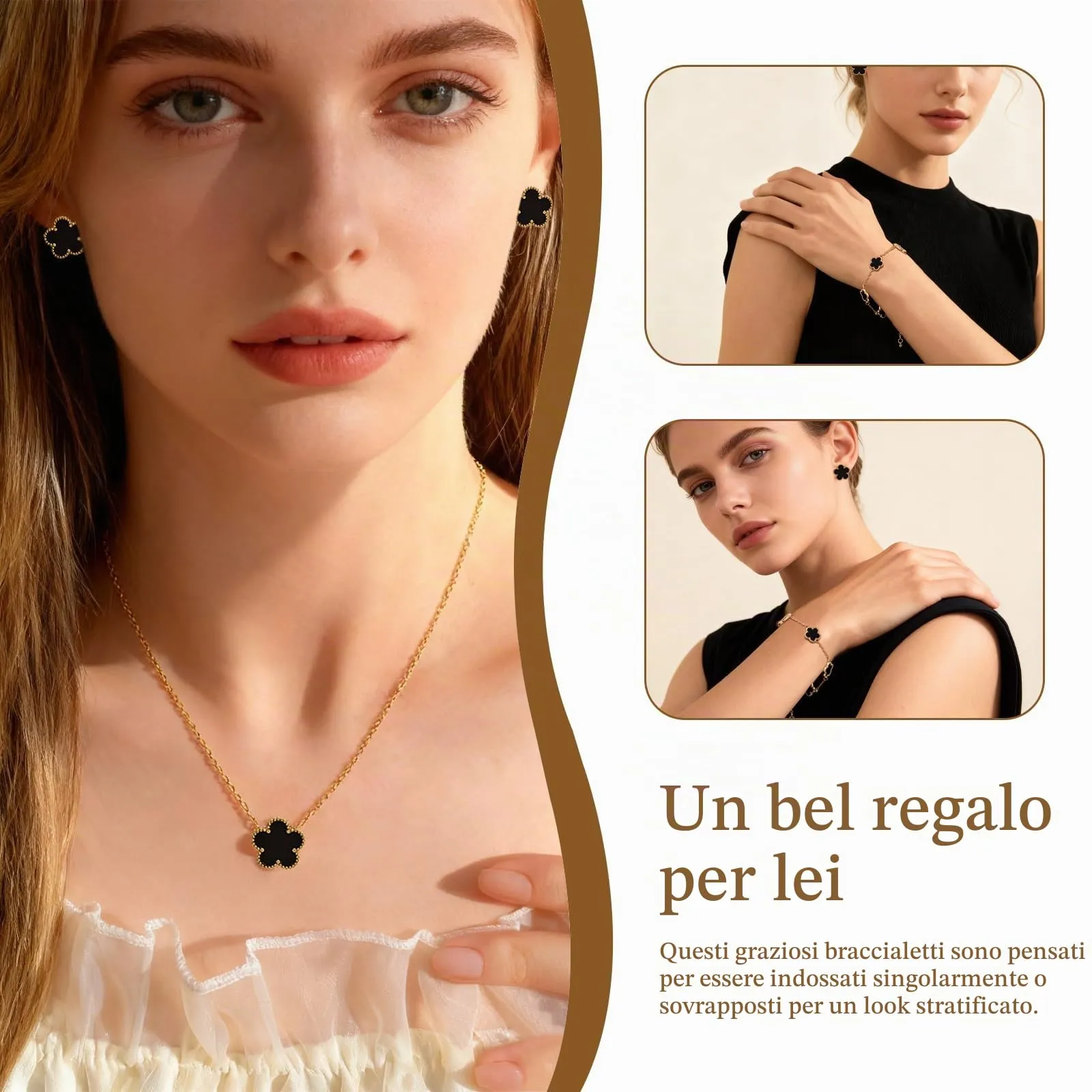 Bcenoilua Parure Gioielli Quadrifoglio da Donna 18K Placcato Oro Fortunato Quadrifoglio Bracciali Collana Orecchini Fiore Set di Gioielli Sposa Regalo per Fidanzata Mamma - immagine 5