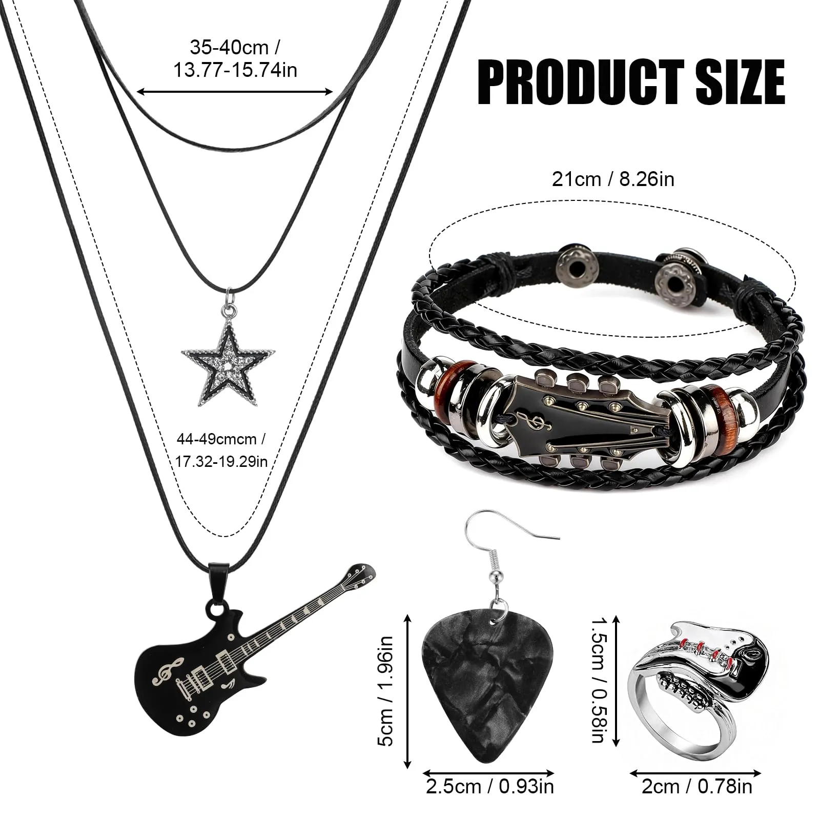 MWOOT Set di Gioielli Musica Punk, Collana con Stella e Chitarra a Strati Y2k, Braccialetto in Pelle Retrò, Anello Punk Rock, Orecchini Pendenti con Plettro per Chitarra, Accessori Gotici per Concerti - immagine 2