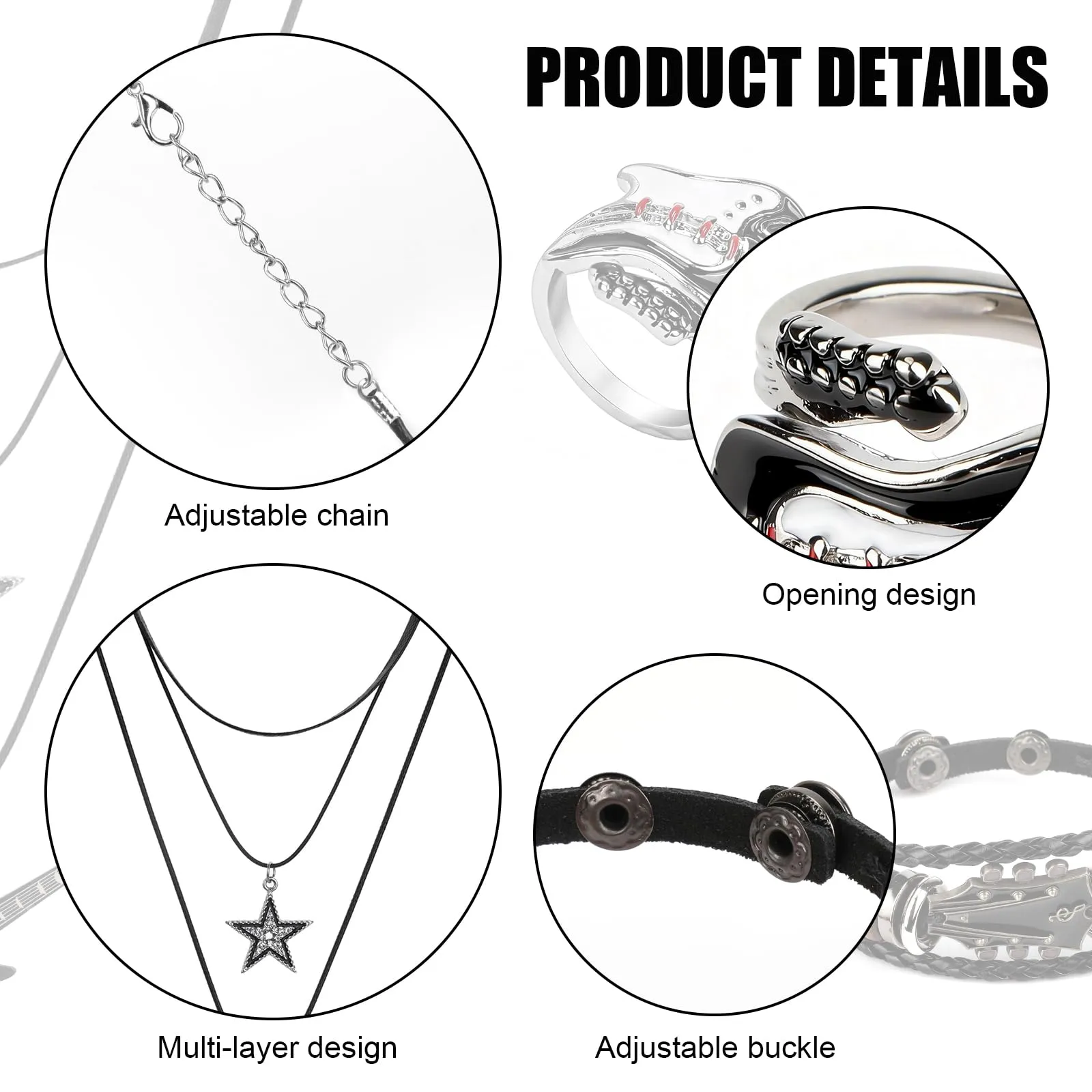 MWOOT Set di Gioielli Musica Punk, Collana con Stella e Chitarra a Strati Y2k, Braccialetto in Pelle Retrò, Anello Punk Rock, Orecchini Pendenti con Plettro per Chitarra, Accessori Gotici per Concerti - immagine 3