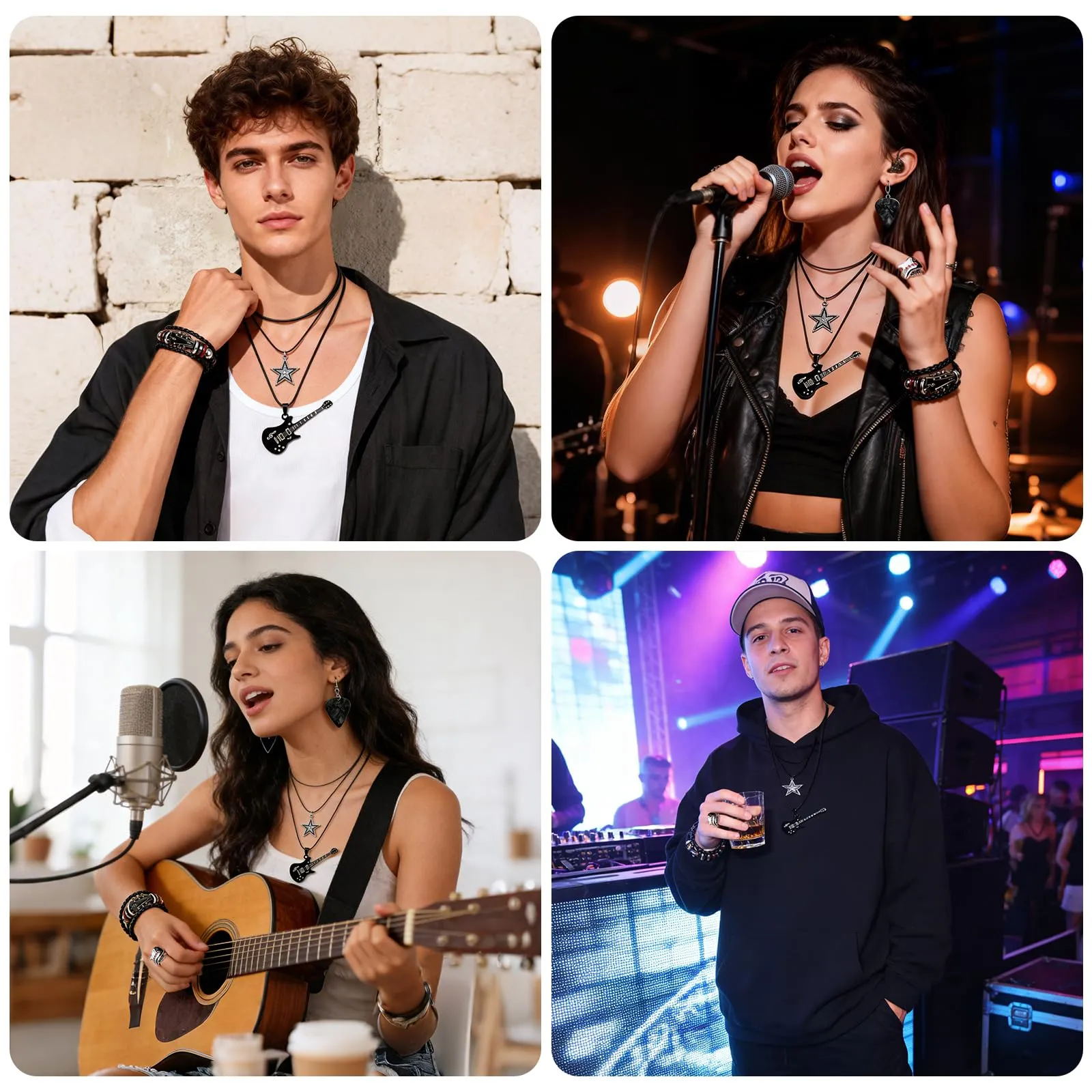 MWOOT Set di Gioielli Musica Punk, Collana con Stella e Chitarra a Strati Y2k, Braccialetto in Pelle Retrò, Anello Punk Rock, Orecchini Pendenti con Plettro per Chitarra, Accessori Gotici per Concerti - immagine 5