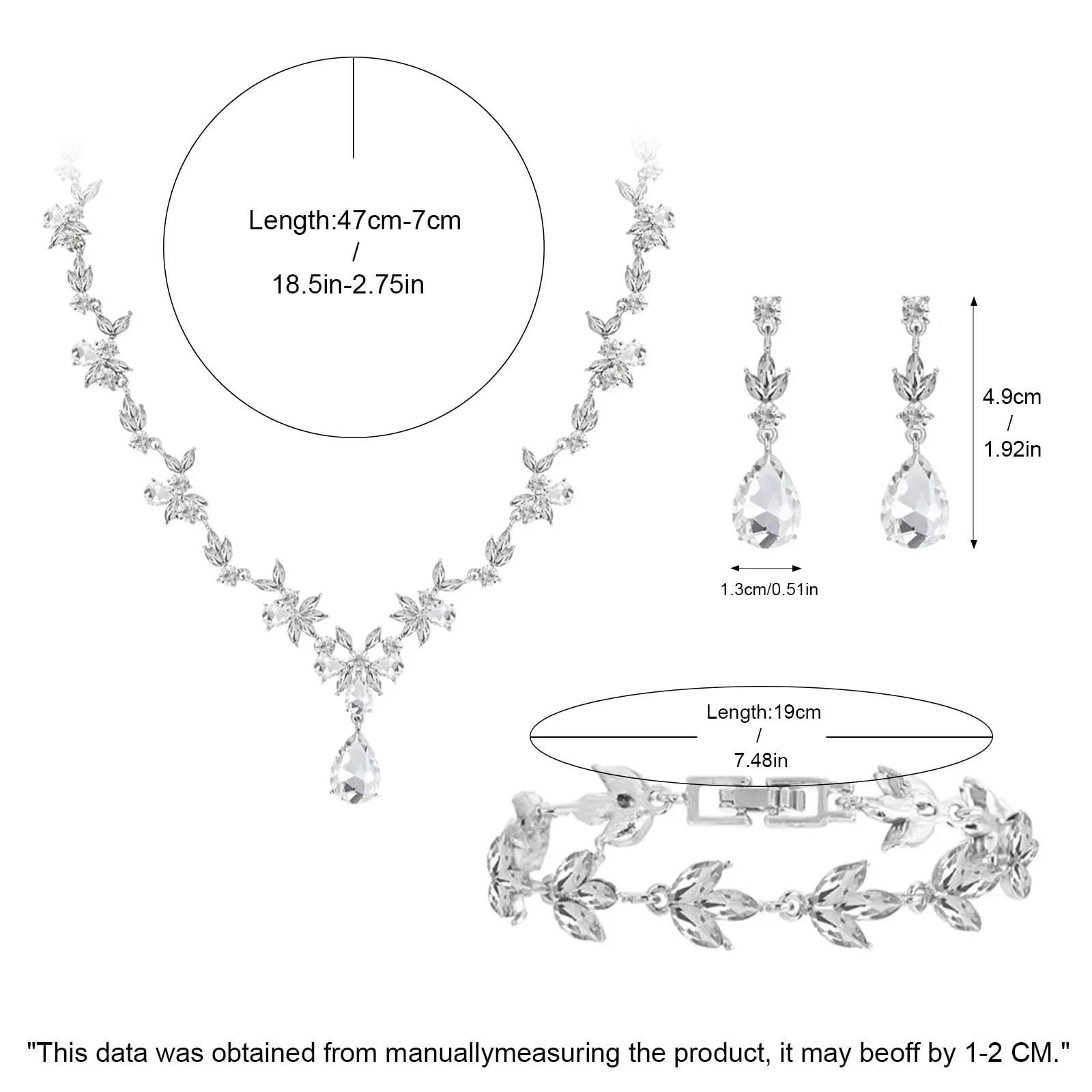 Set di Gioielli da Sposa in Argento con Strass Brillanti Cristallo Collana Orecchini Braccialetti Set Eleganti Goccia Zirconia Cubica Parure Gioielli Regalo da Ballo Formali per Spose (Argento2) - immagine 2