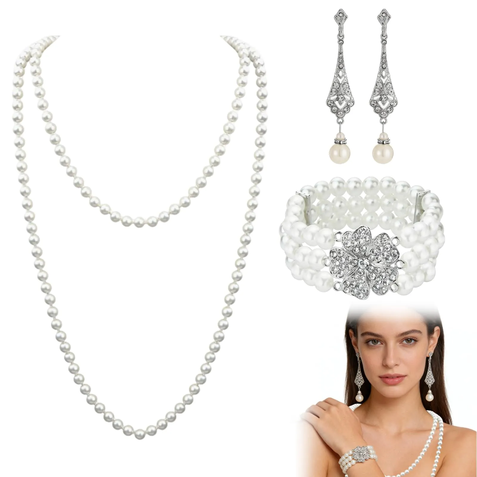 LEIIERUY Set di Gioielli Anni '20 Donna – Collana di Perle, Orecchini e Bracciale Vintage, Accessori Flapper retrò in Perle Finte - immagine 1