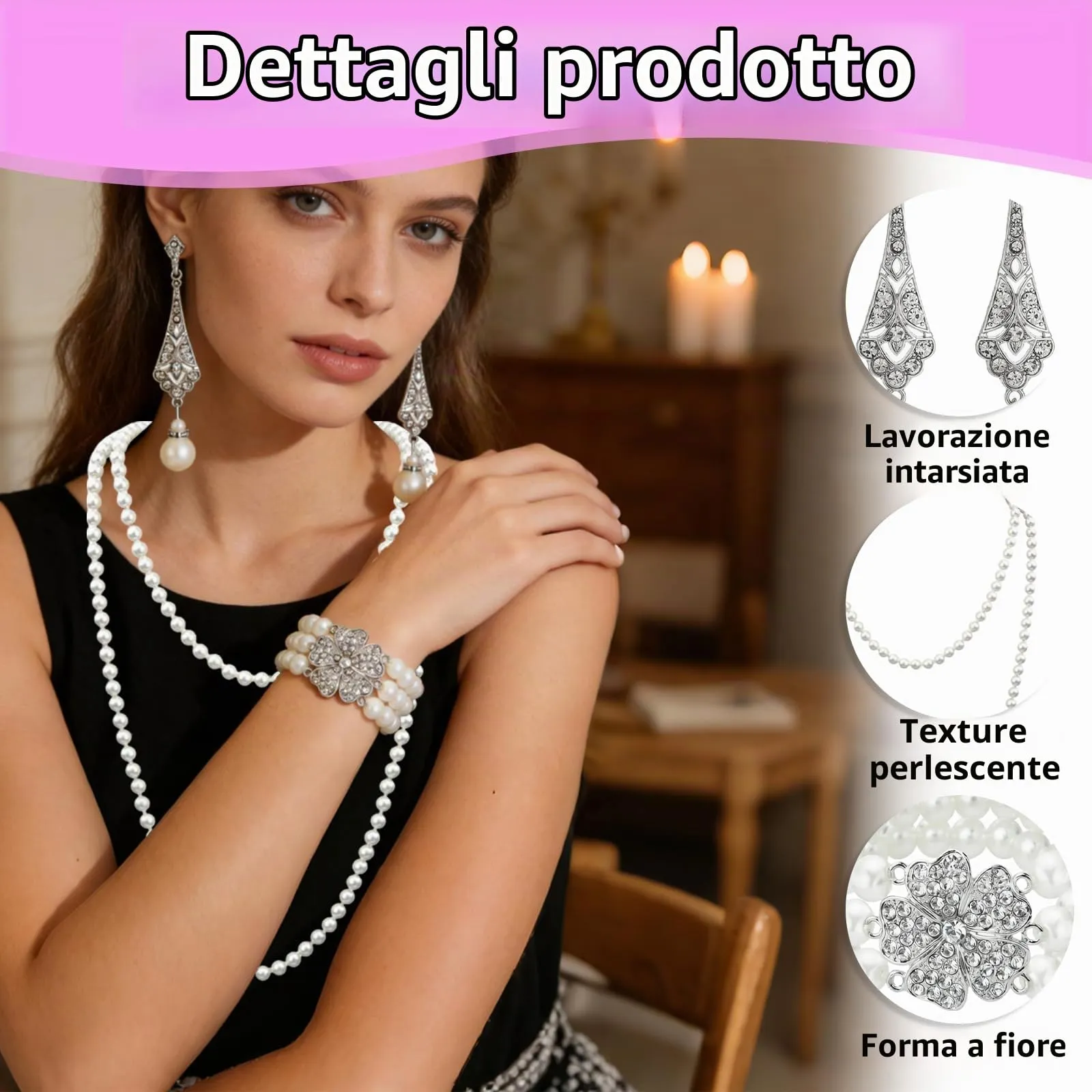 LEIIERUY Set di Gioielli Anni '20 Donna – Collana di Perle, Orecchini e Bracciale Vintage, Accessori Flapper retrò in Perle Finte - immagine 3