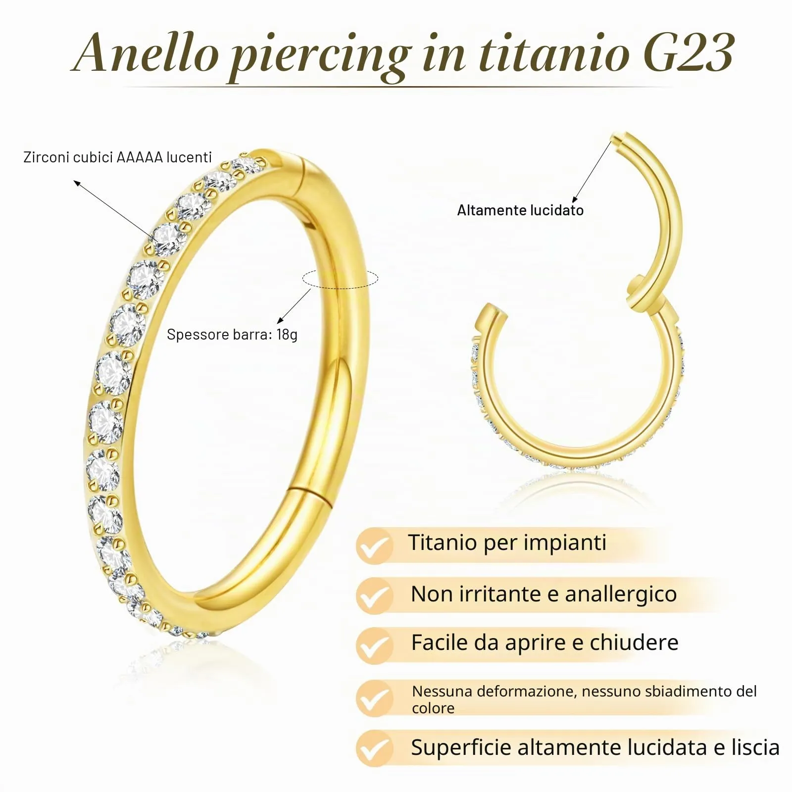 Piercing da naso in titanio da 20 g, oro e argento, ipoallergenico, medico, in acciaio chirurgico, helix, naso, anelli con zirconi, anello da naso da donna, 6/8/10 mm, 8 mm, Acciaio inossidabile - immagine 3