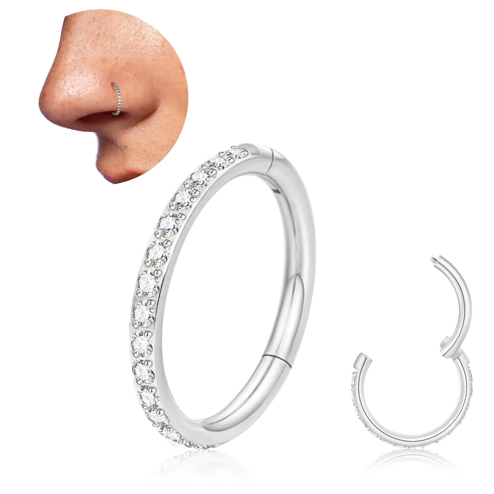 Piercing da naso in titanio da 20 g, oro e argento, ipoallergenico, medico, in acciaio chirurgico, helix, naso, anelli con zirconi, anello da naso da donna, 6/8/10 mm, 8 mm, Acciaio inossidabile - immagine 1