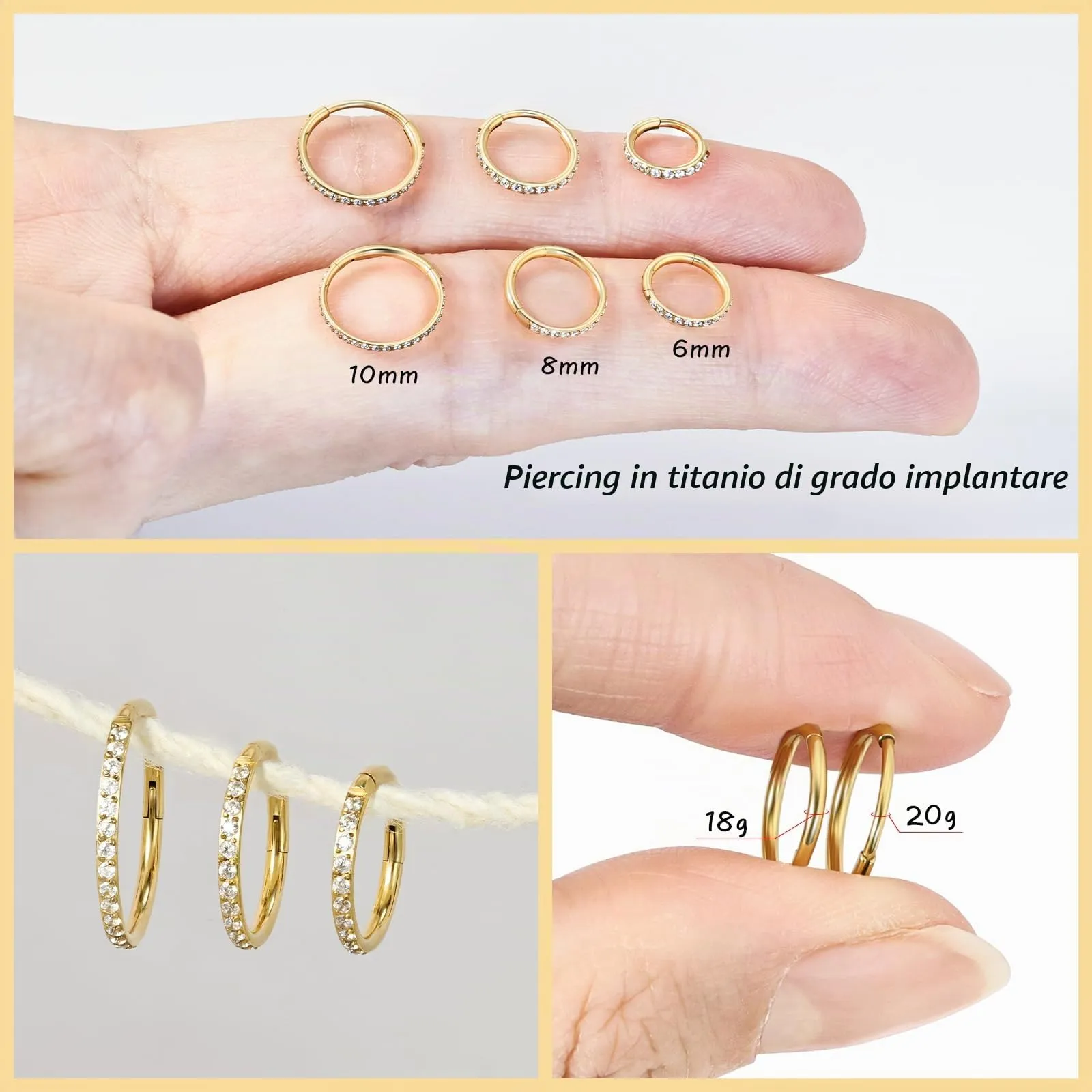 Piercing da naso in titanio da 20 g, oro e argento, ipoallergenico, medico, in acciaio chirurgico, helix, naso, anelli con zirconi, anello da naso da donna, 6/8/10 mm, 6mm, Acciaio inossidabile - immagine 5