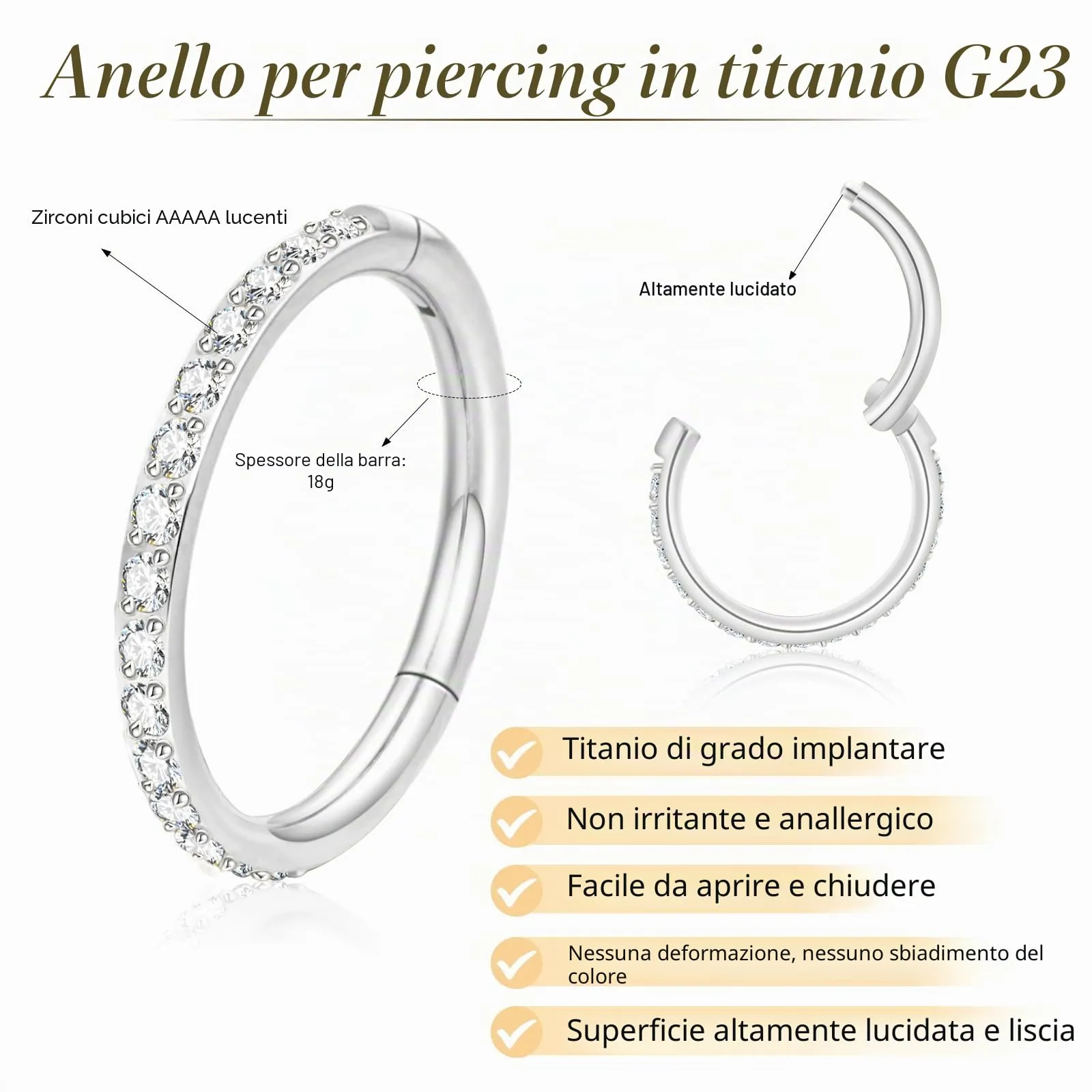 20G Piercing per Naso in Titanio, Anello in Oro e Argento, Nasenring Ipoallergenico, Piercing Medico in Acciaio Chirurgico, Helix per Naso, Anelli per Naso in Zirconia, Gioielli per Naso per Donne, 6 - immagine 3