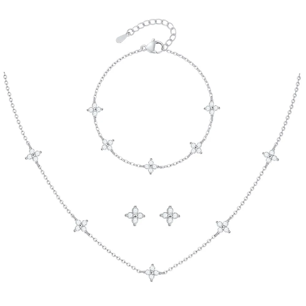 KBRPEY Set di Gioielli in Argento 925 per Donna con Quadrifoglio Collana Orecchini a Perno e Bracciale Regolabile con Zirconi Dainty Sposa per Ufficio Outfit Quotidiani - immagine 1
