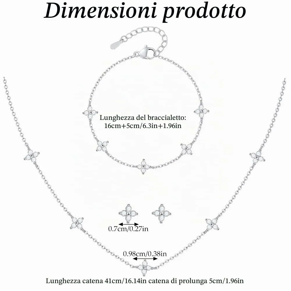 KBRPEY Set di Gioielli in Argento 925 per Donna con Quadrifoglio Collana Orecchini a Perno e Bracciale Regolabile con Zirconi Dainty Sposa per Ufficio Outfit Quotidiani - immagine 2
