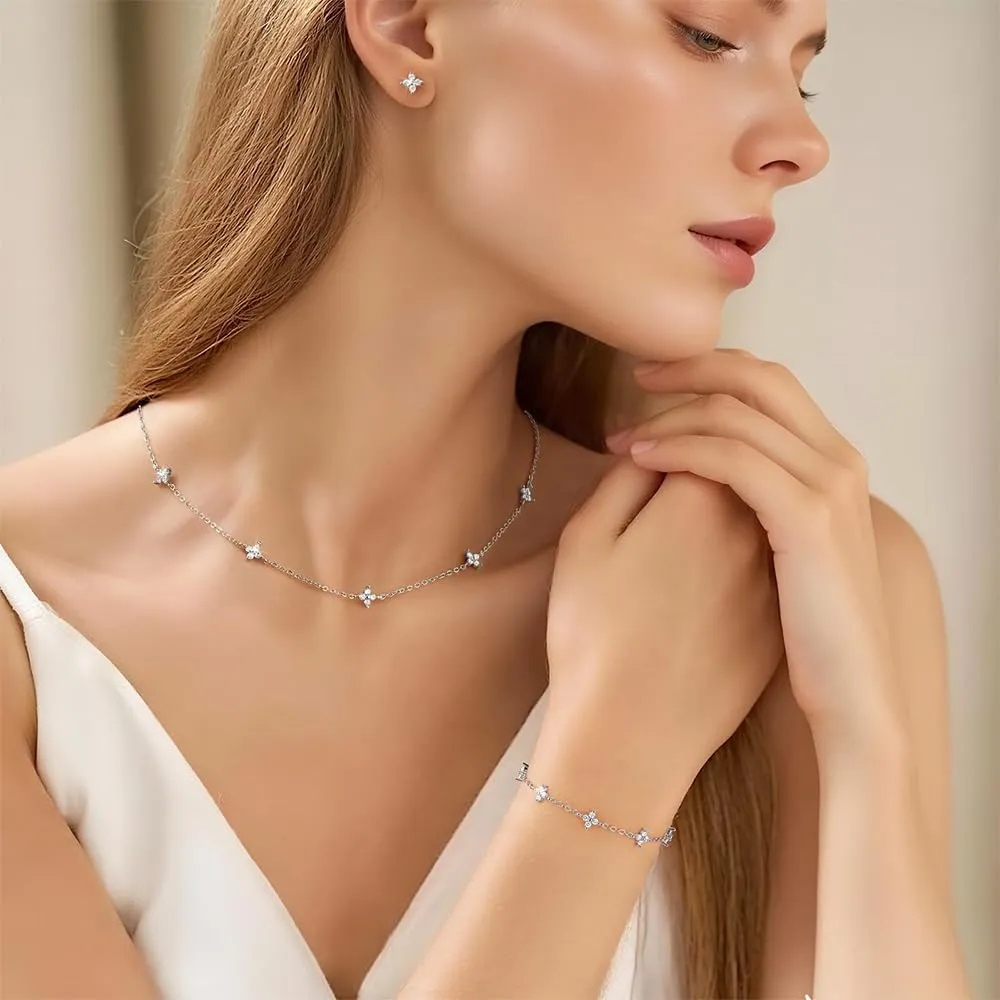 KBRPEY Set di Gioielli in Argento 925 per Donna con Quadrifoglio Collana Orecchini a Perno e Bracciale Regolabile con Zirconi Dainty Sposa per Ufficio Outfit Quotidiani - immagine 4