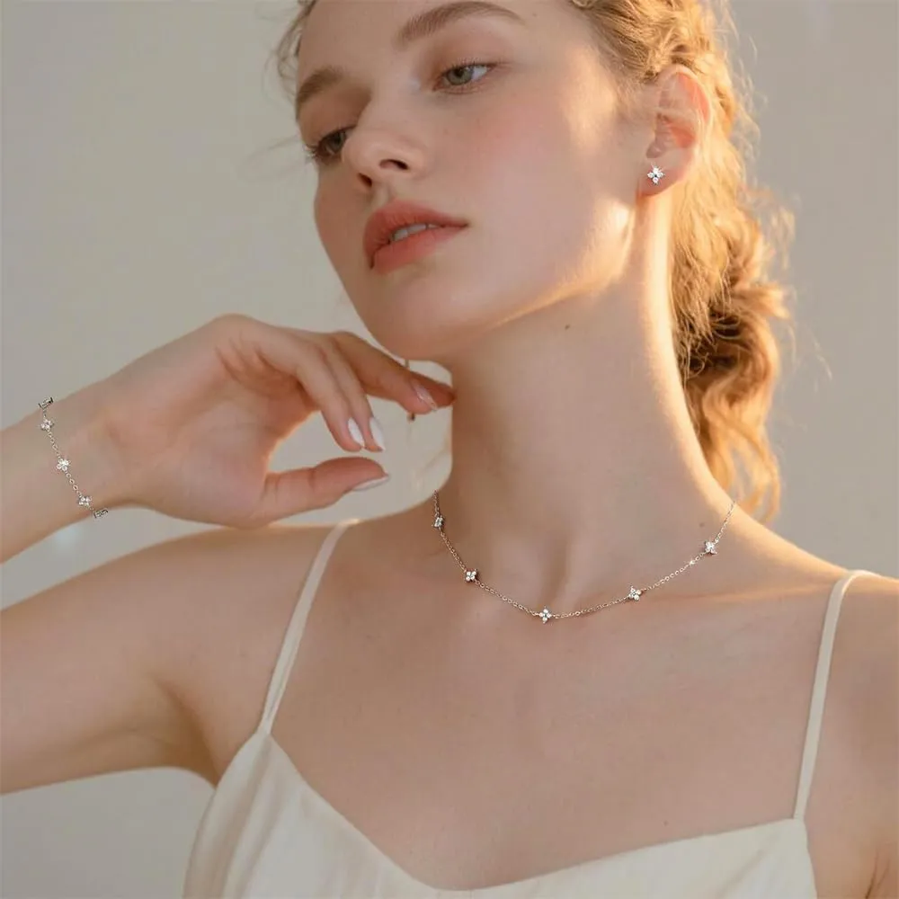 KBRPEY Set di Gioielli in Argento 925 per Donna con Quadrifoglio Collana Orecchini a Perno e Bracciale Regolabile con Zirconi Dainty Sposa per Ufficio Outfit Quotidiani - immagine 5