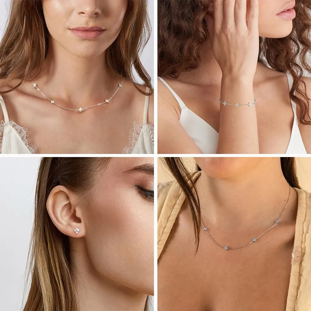 KBRPEY Set di Gioielli in Argento 925 per Donna con Quadrifoglio Collana Orecchini a Perno e Bracciale Regolabile con Zirconi Dainty Sposa per Ufficio Outfit Quotidiani - immagine 7
