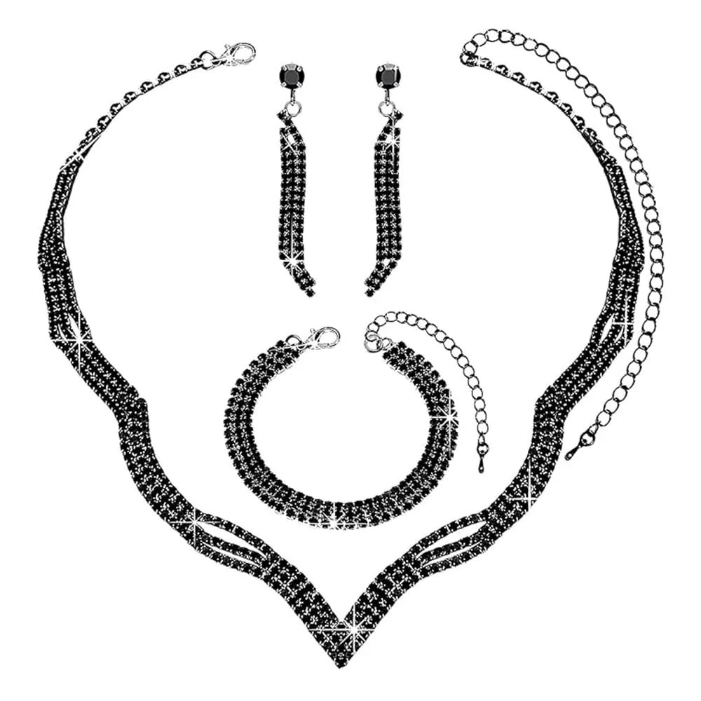 KBRPEY Set di Gioielli Donna Elegante Collana Orecchini Bracciale Anello Cristalli Brillanti Moda Accessori per Feste Matrimoni Cerimonie (Nero) - immagine 1