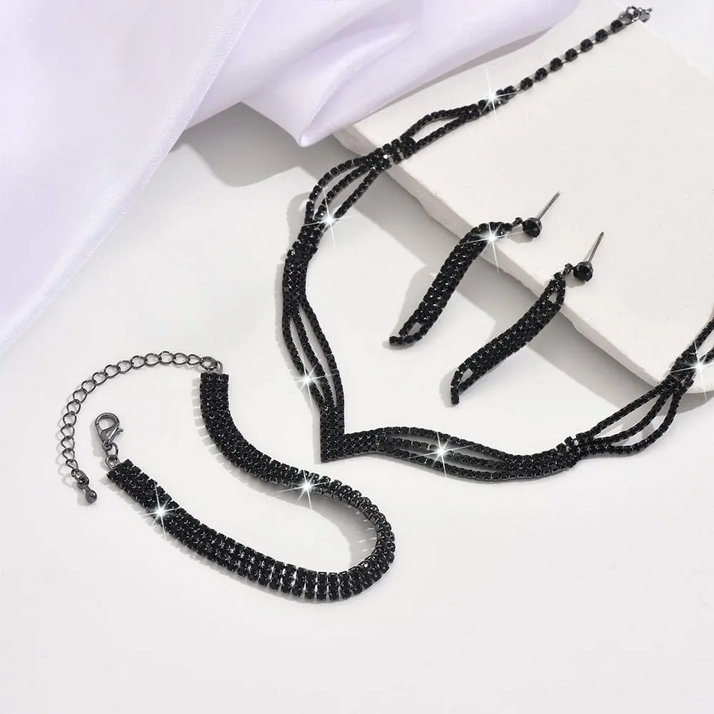 KBRPEY Set di Gioielli Donna Elegante Collana Orecchini Bracciale Anello Cristalli Brillanti Moda Accessori per Feste Matrimoni Cerimonie (Nero) - immagine 2