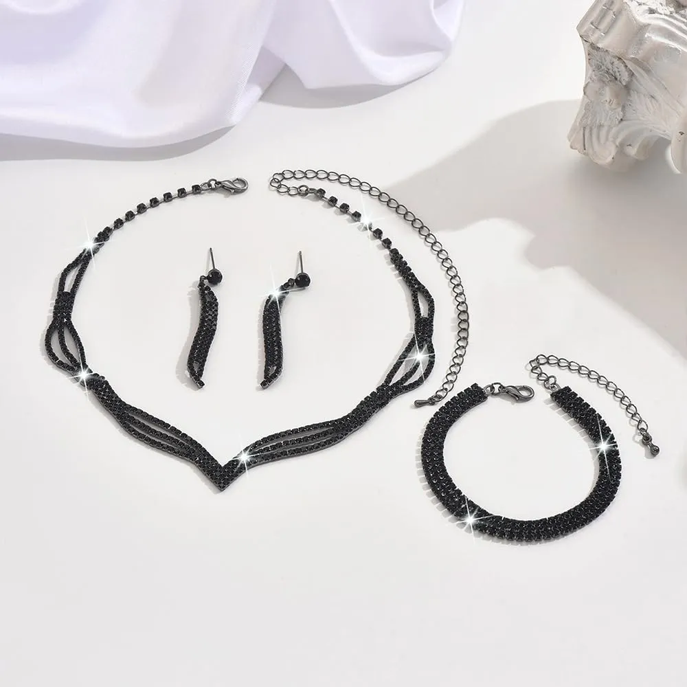 KBRPEY Set di Gioielli Donna Elegante Collana Orecchini Bracciale Anello Cristalli Brillanti Moda Accessori per Feste Matrimoni Cerimonie (Nero) - immagine 3