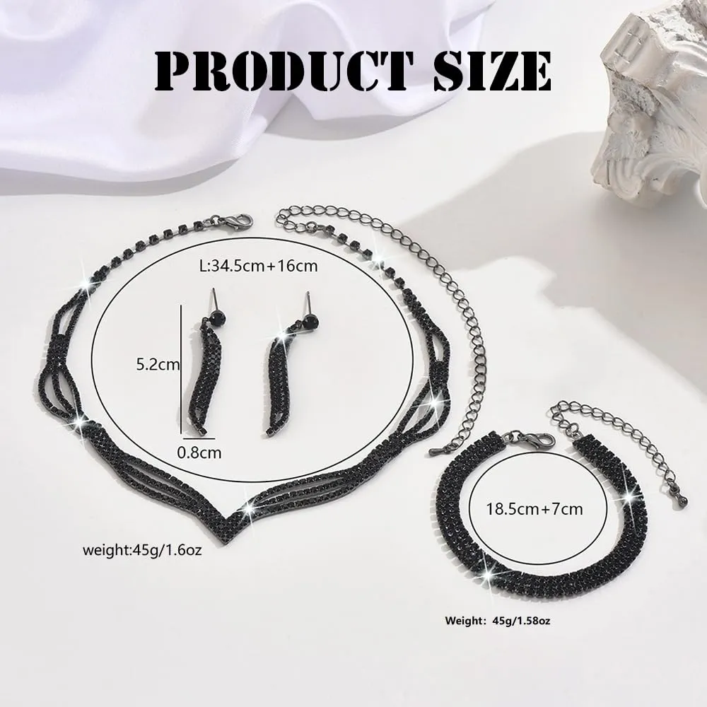 KBRPEY Set di Gioielli Donna Elegante Collana Orecchini Bracciale Anello Cristalli Brillanti Moda Accessori per Feste Matrimoni Cerimonie (Nero) - immagine 7