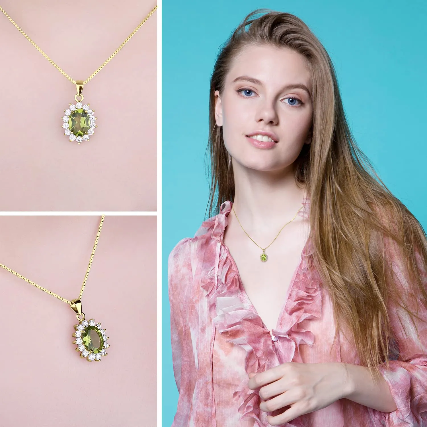 JewelryPalace 2.2ct Collana Donna Kate Middleton placcato oro giallo 14K con Peridoto Verde Naturale, Princess Diana William Collana Ciondolo Ovale Catena 45cm, Collane Pendenti Oro Set Gioielli Donna - immagine 4