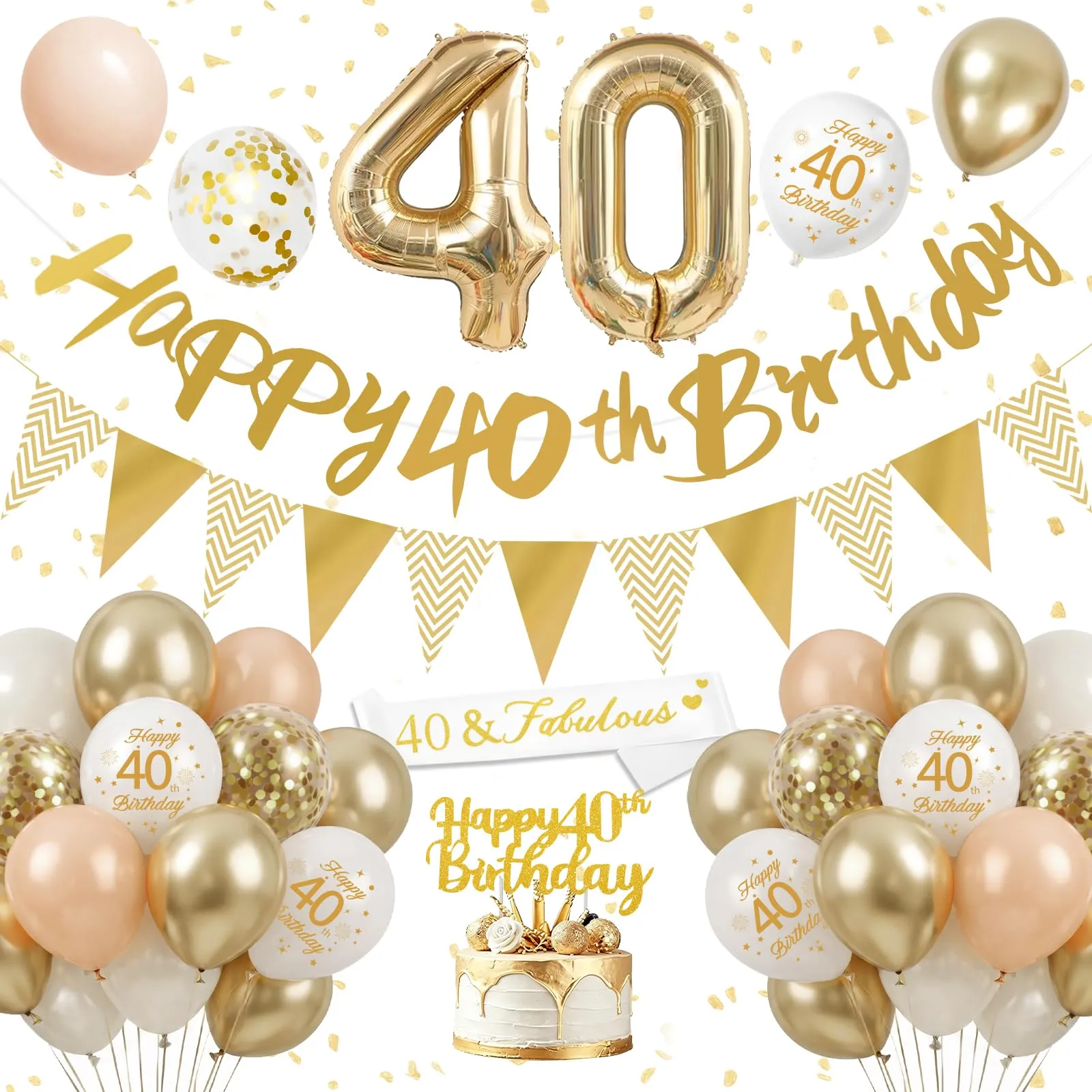 Palloncini 40 Anni Compleanno Sabbia Bianco Oro, Decorazioni Compleanno 40 Anni Donna Uomo con Palloncini Compleanno Numero 40, Striscione Happy 40th Birthday, Torta Decorazione, Festoni - immagine 1