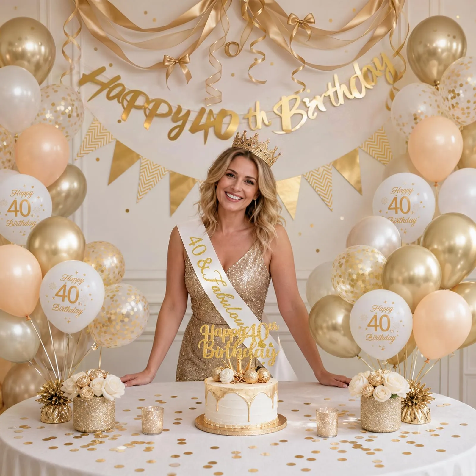 Palloncini 40 Anni Compleanno Sabbia Bianco Oro, Decorazioni Compleanno 40 Anni Donna Uomo con Palloncini Compleanno Numero 40, Striscione Happy 40th Birthday, Torta Decorazione, Festoni - immagine 2