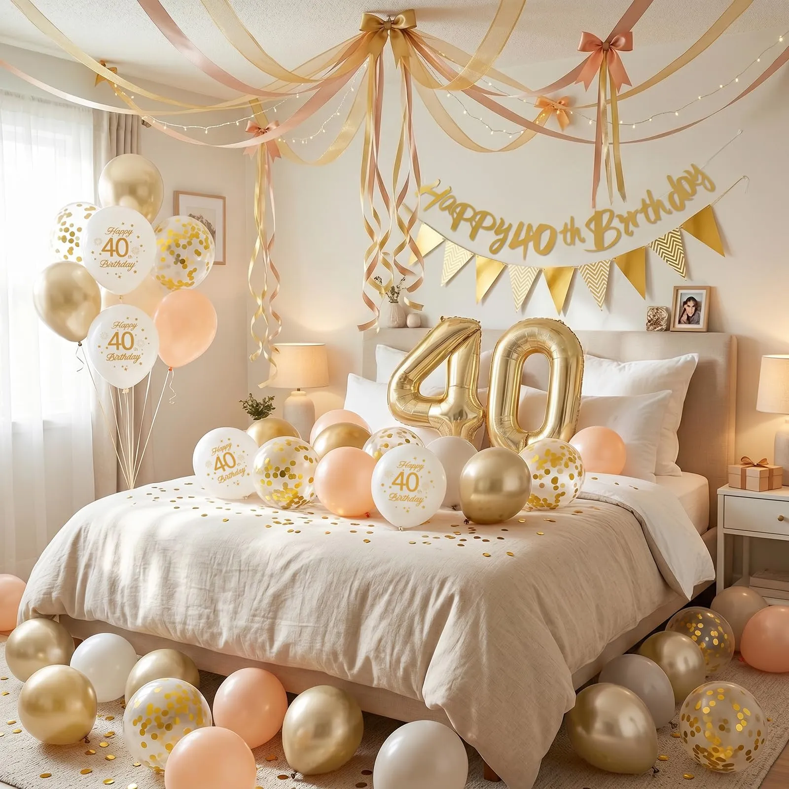 Palloncini 40 Anni Compleanno Sabbia Bianco Oro, Decorazioni Compleanno 40 Anni Donna Uomo con Palloncini Compleanno Numero 40, Striscione Happy 40th Birthday, Torta Decorazione, Festoni - immagine 4