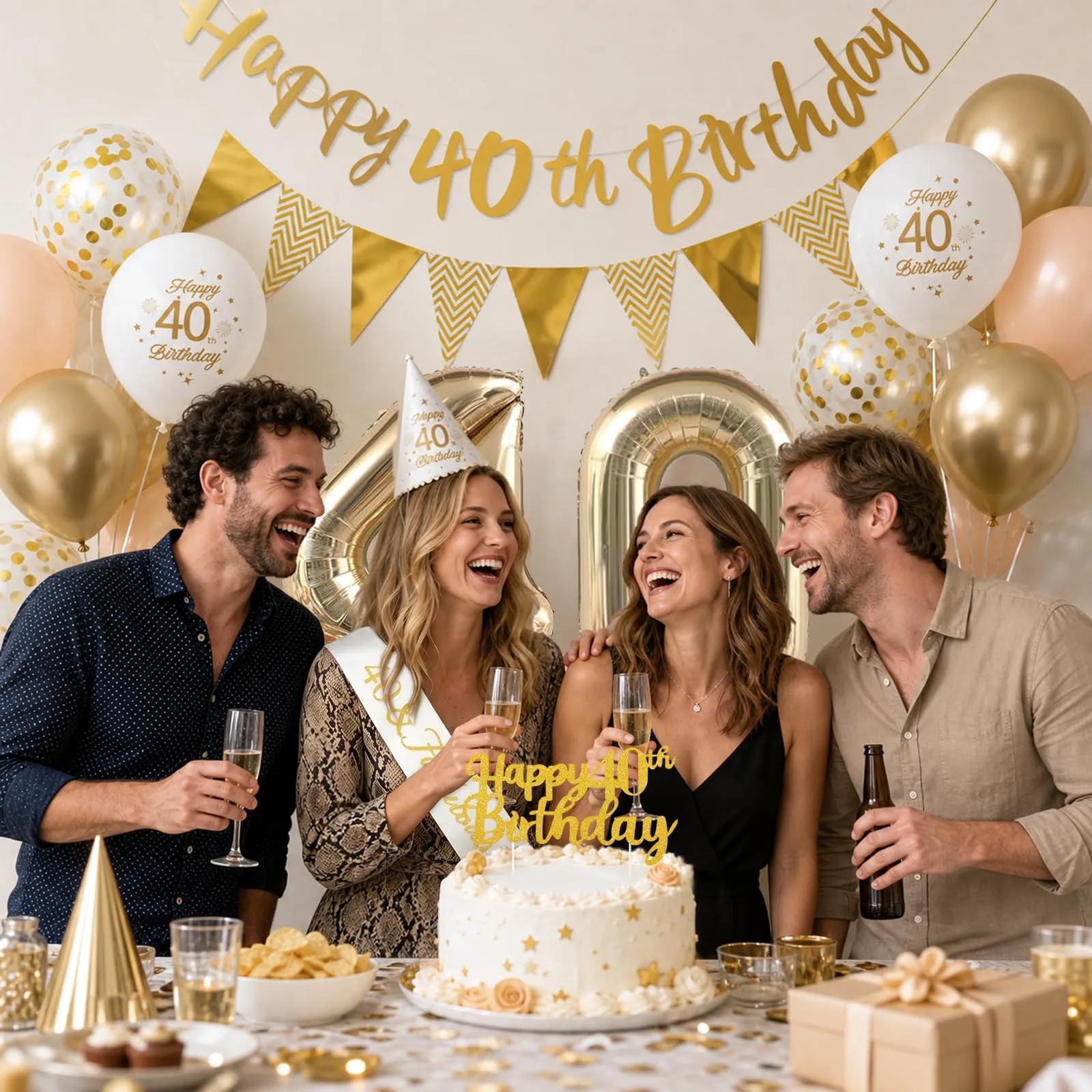 Palloncini 40 Anni Compleanno Sabbia Bianco Oro, Decorazioni Compleanno 40 Anni Donna Uomo con Palloncini Compleanno Numero 40, Striscione Happy 40th Birthday, Torta Decorazione, Festoni - immagine 6