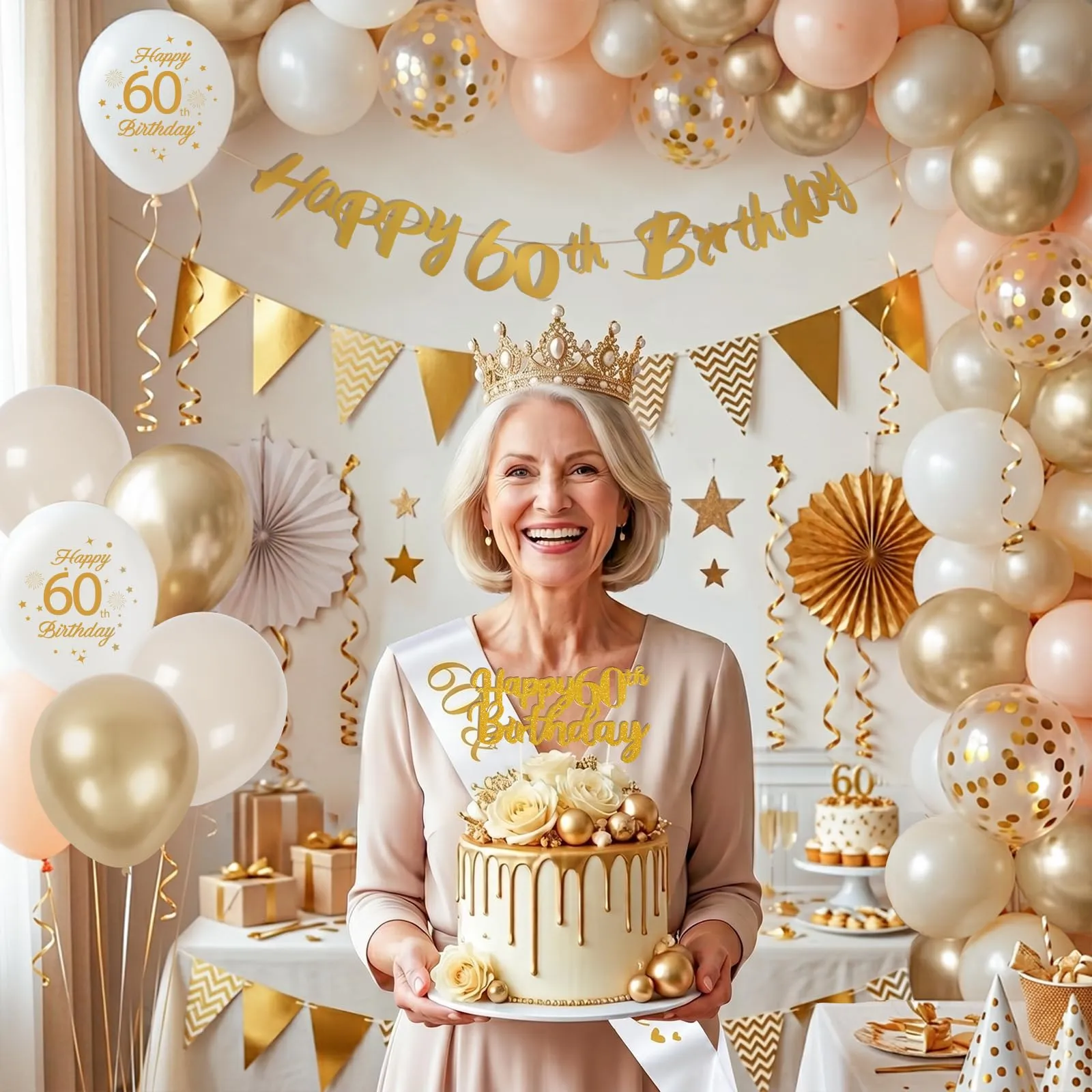 Palloncini 60 Anni Compleanno Sabbia Bianco Oro, Decorazioni Compleanno 60 Anni Donna Uomo con Palloncini Compleanno Numero 60, Striscione Happy 60th Birthday, Torta Decorazione, Festoni - immagine 2