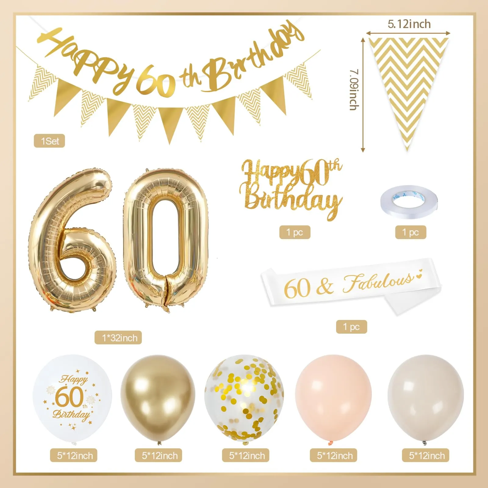 Palloncini 60 Anni Compleanno Sabbia Bianco Oro, Decorazioni Compleanno 60 Anni Donna Uomo con Palloncini Compleanno Numero 60, Striscione Happy 60th Birthday, Torta Decorazione, Festoni - immagine 3