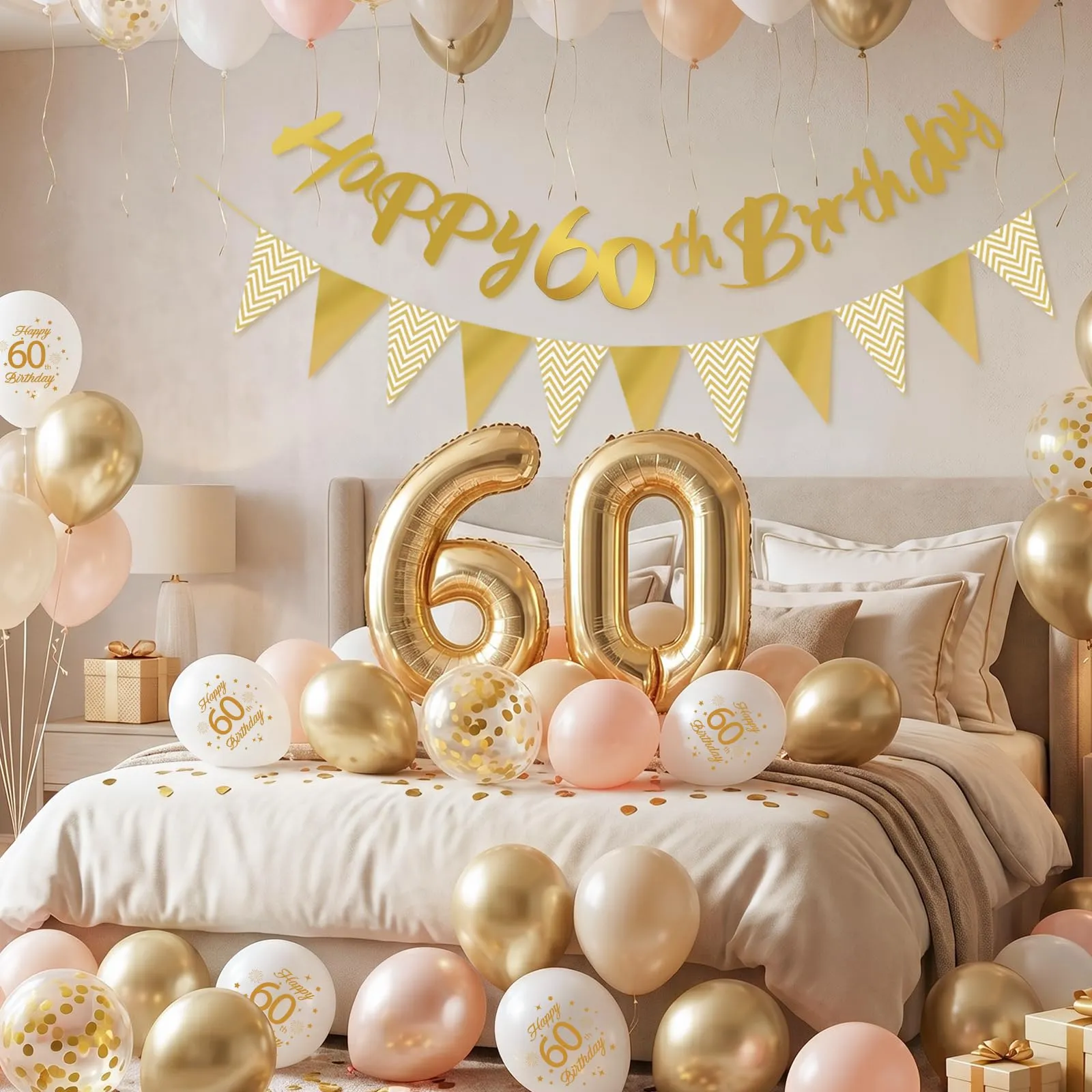 Palloncini 60 Anni Compleanno Sabbia Bianco Oro, Decorazioni Compleanno 60 Anni Donna Uomo con Palloncini Compleanno Numero 60, Striscione Happy 60th Birthday, Torta Decorazione, Festoni - immagine 4