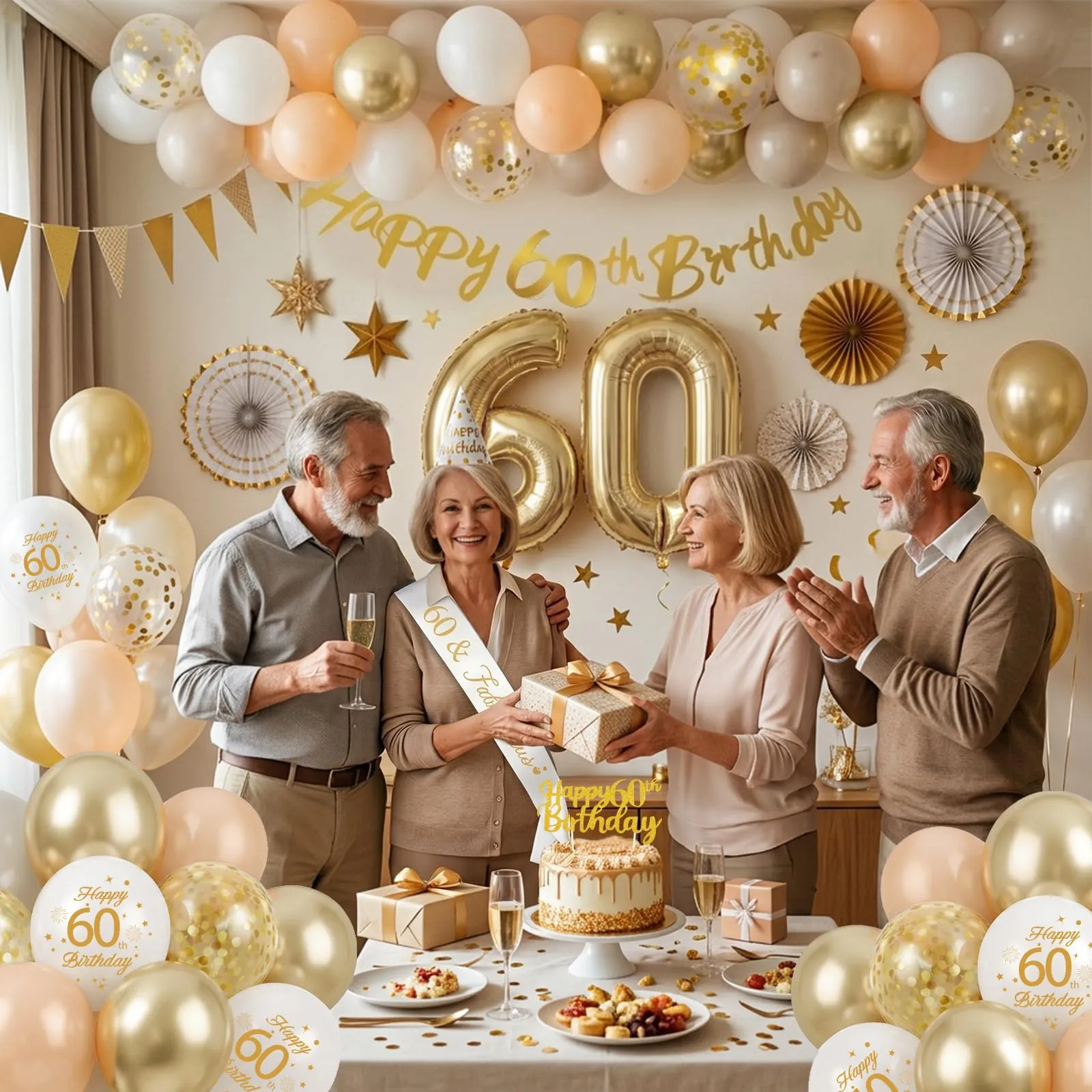 Palloncini 60 Anni Compleanno Sabbia Bianco Oro, Decorazioni Compleanno 60 Anni Donna Uomo con Palloncini Compleanno Numero 60, Striscione Happy 60th Birthday, Torta Decorazione, Festoni - immagine 6