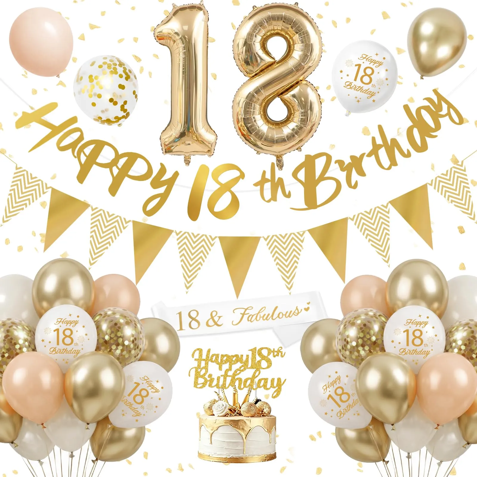 Palloncini 18 Anni Compleanno Sabbia Bianco Oro, Decorazioni Compleanno 18 Anni Ragazza Ragazzo con Palloncini Compleanno Numero 18, Striscione Happy 18th Birthday, Torta Decorazione, Festoni - immagine 1