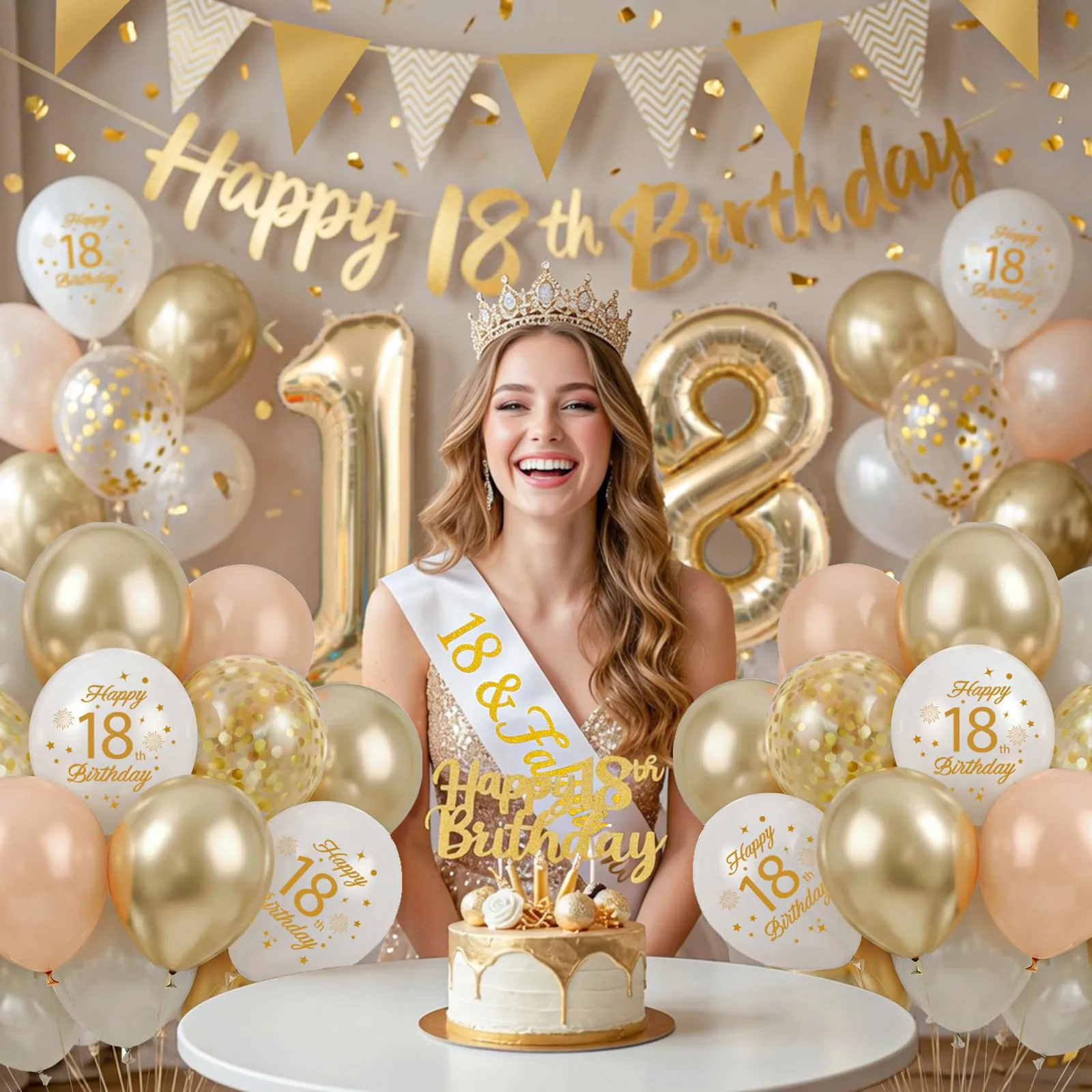 Palloncini 18 Anni Compleanno Sabbia Bianco Oro, Decorazioni Compleanno 18 Anni Ragazza Ragazzo con Palloncini Compleanno Numero 18, Striscione Happy 18th Birthday, Torta Decorazione, Festoni - immagine 2