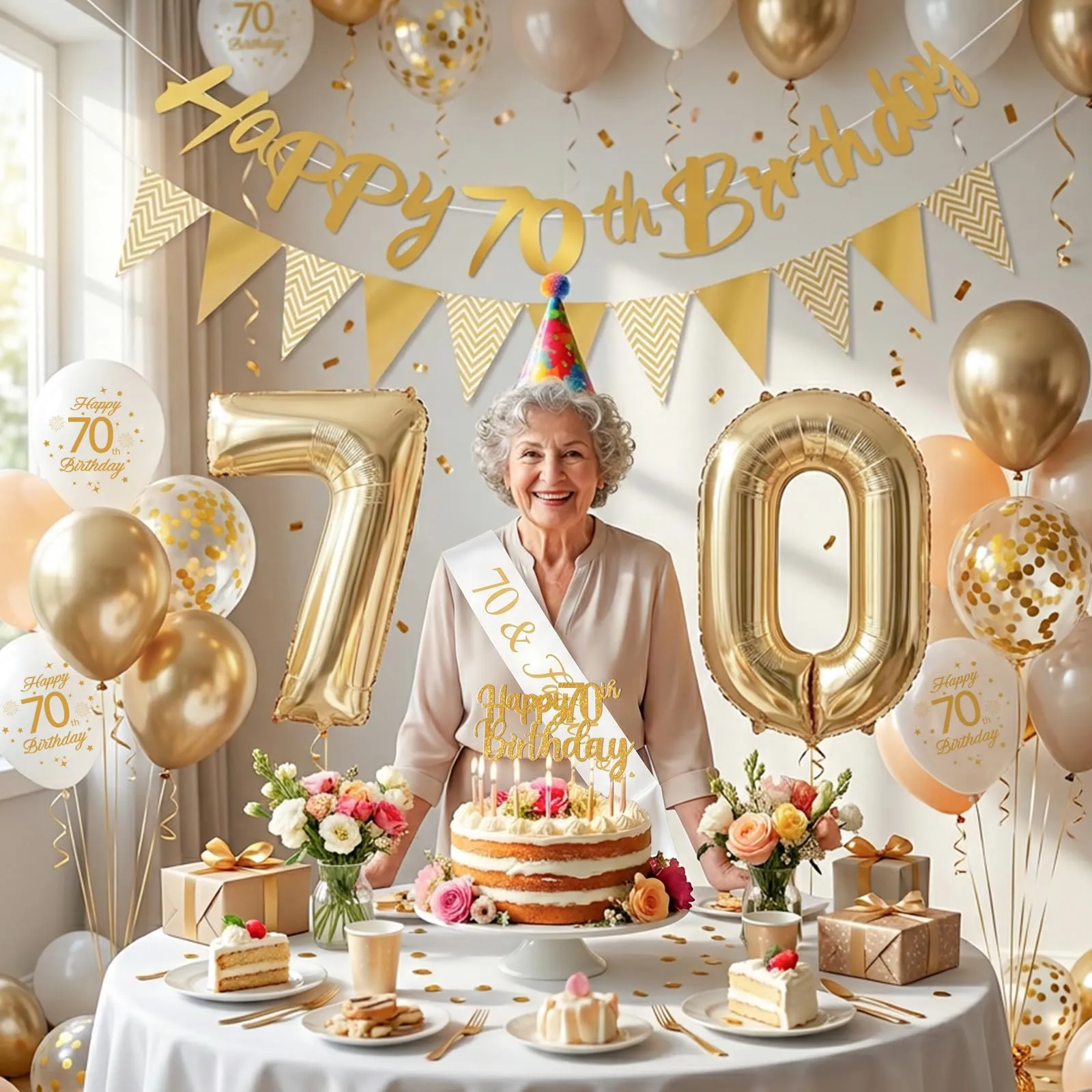 Palloncini 70 Anni Compleanno Sabbia Bianco Oro, Decorazioni Compleanno 70 Anni Donna Uomo con Palloncini Compleanno Numero 70, Striscione Happy 70th Birthday, Torta Decorazione, Festoni - immagine 2