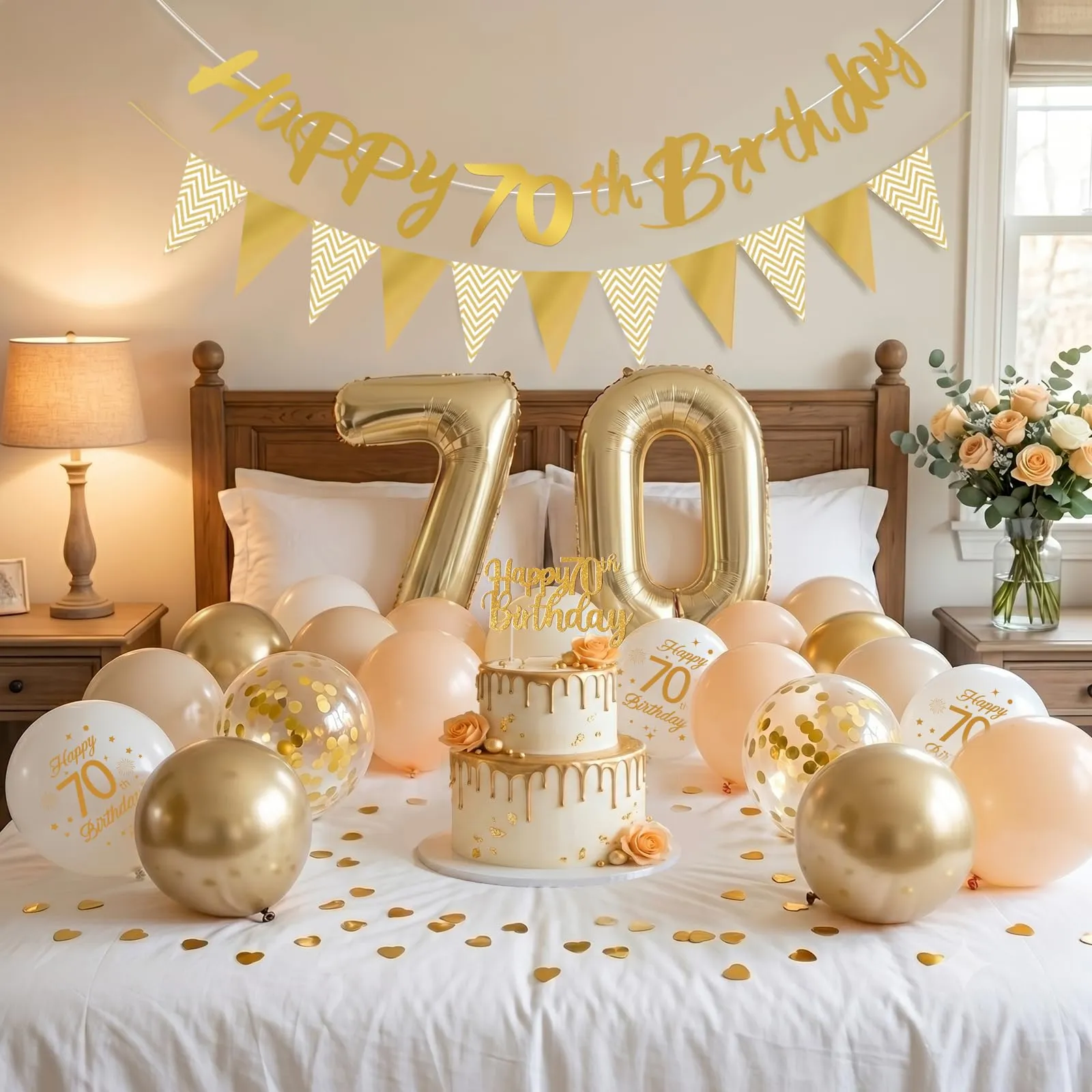 Palloncini 70 Anni Compleanno Sabbia Bianco Oro, Decorazioni Compleanno 70 Anni Donna Uomo con Palloncini Compleanno Numero 70, Striscione Happy 70th Birthday, Torta Decorazione, Festoni - immagine 4