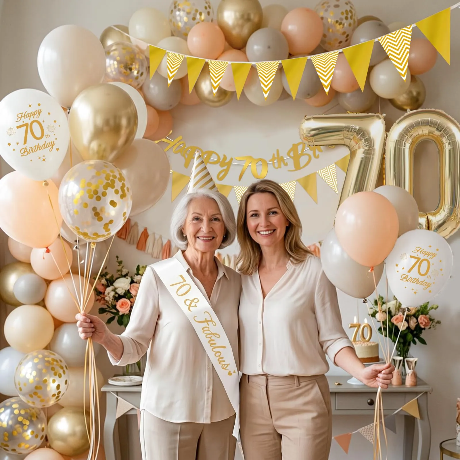 Palloncini 70 Anni Compleanno Sabbia Bianco Oro, Decorazioni Compleanno 70 Anni Donna Uomo con Palloncini Compleanno Numero 70, Striscione Happy 70th Birthday, Torta Decorazione, Festoni - immagine 5