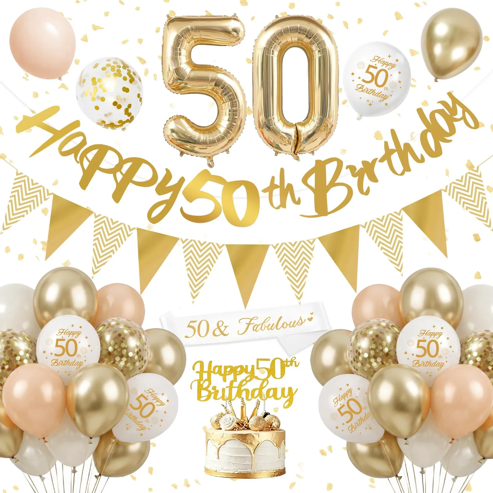Palloncini 50 Anni Compleanno Sabbia Bianco Oro, Decorazioni Compleanno 50 Anni Donna Uomo con Palloncini Compleanno Numero 50, Striscione Happy 50th Birthday, Torta Decorazione, Festoni - immagine 1