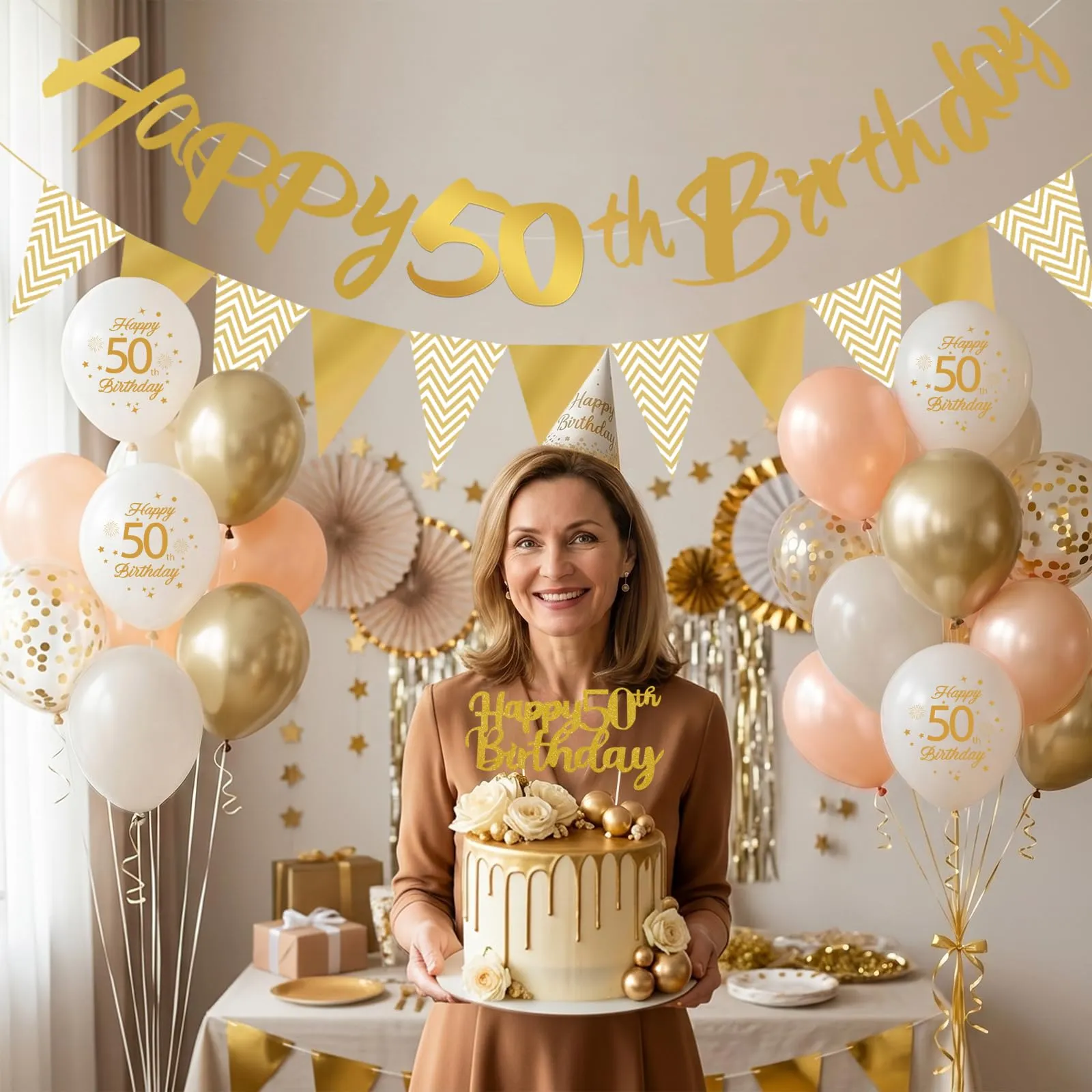 Palloncini 50 Anni Compleanno Sabbia Bianco Oro, Decorazioni Compleanno 50 Anni Donna Uomo con Palloncini Compleanno Numero 50, Striscione Happy 50th Birthday, Torta Decorazione, Festoni - immagine 2