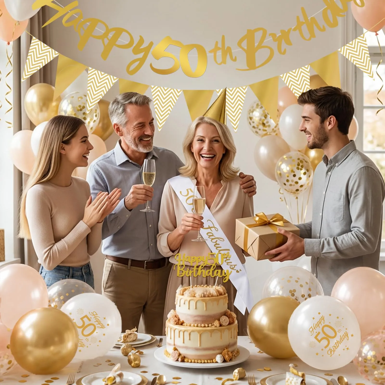 Palloncini 50 Anni Compleanno Sabbia Bianco Oro, Decorazioni Compleanno 50 Anni Donna Uomo con Palloncini Compleanno Numero 50, Striscione Happy 50th Birthday, Torta Decorazione, Festoni - immagine 7