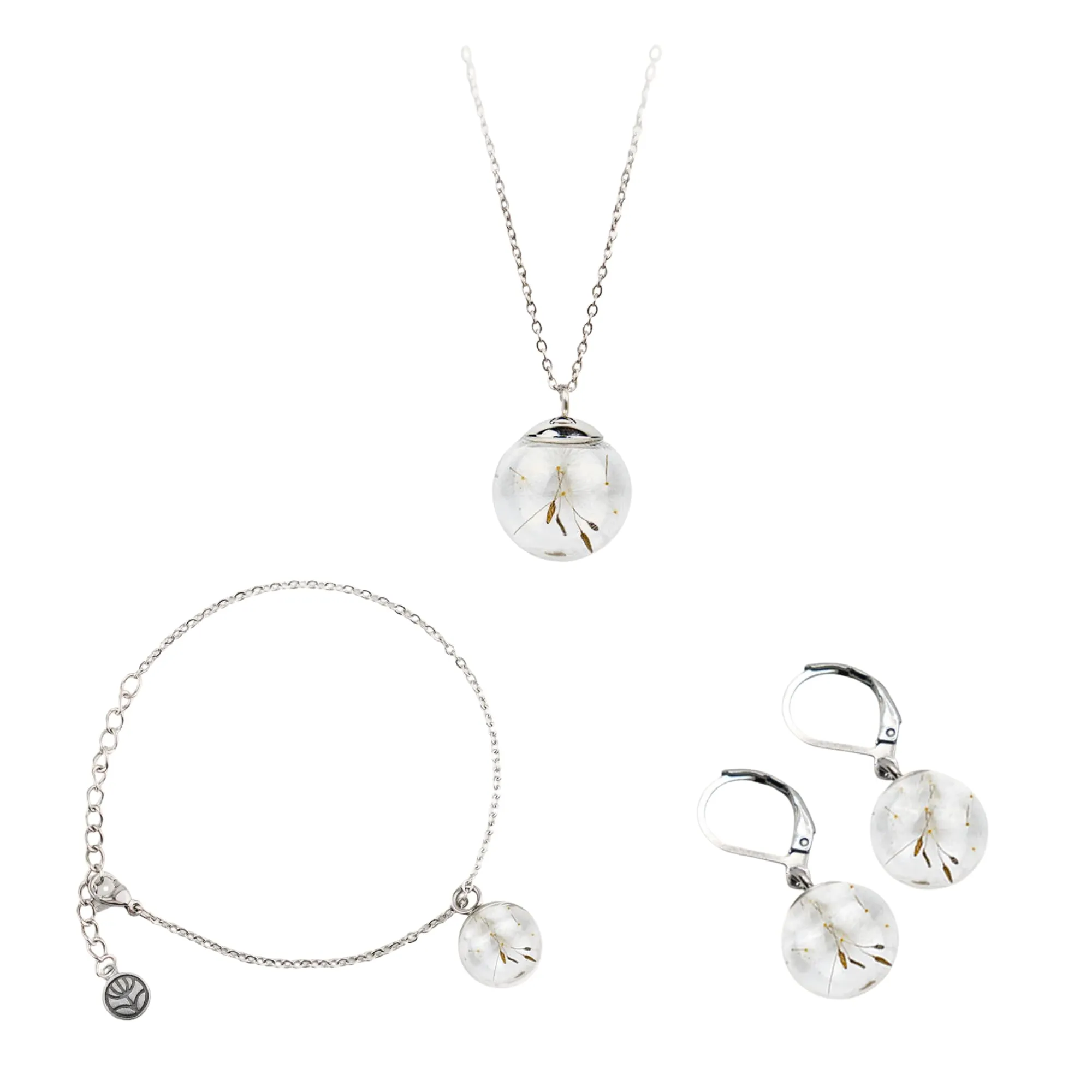 Gioielli Botanici® Parure Donna | Collana Maglie Elegance + Bracciale + Orecchini con Fiori Veri Essiccati in Ampolla di Vetro | Acciaio Inox AISI 316 | Made Italy (Soffione) - immagine 1