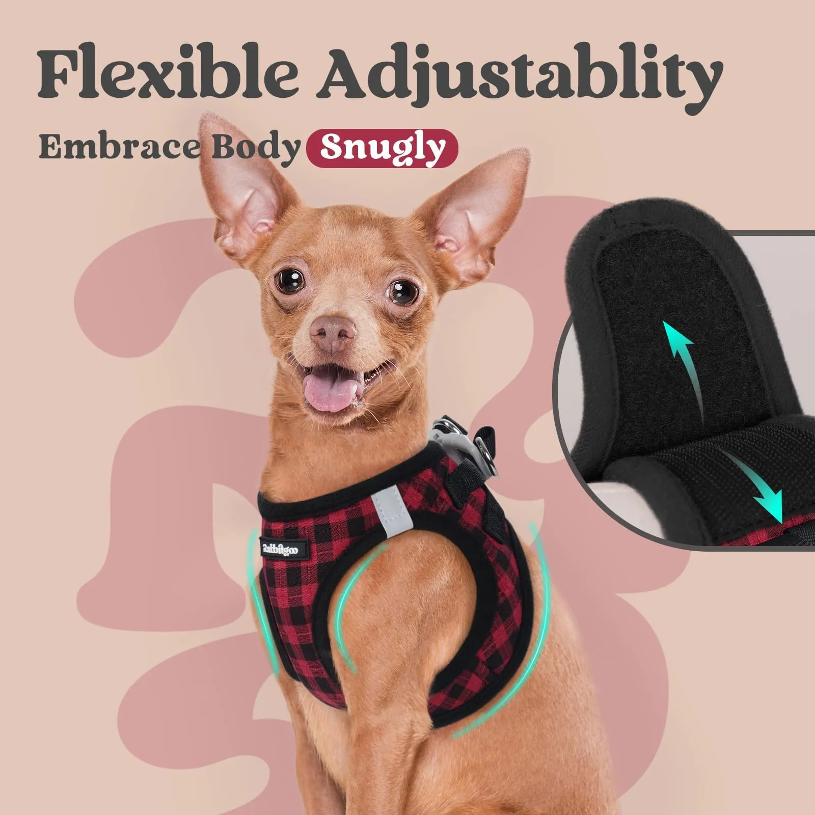 rabbitgoo Pettorina Cane Taglia Piccola, Leggero e Morbido, Quadri Rossi XS - immagine 6