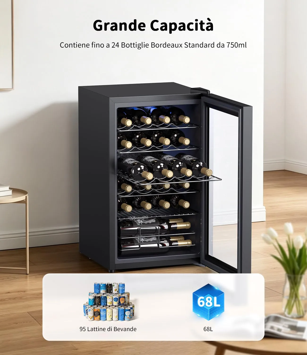 WIE Cantinetta Vino 24 Bottiglie 70L, Cantinetta Refrigerata per Vino a Compressore, 4-18°C con Touch Screen, Luce LED, Silenzioso <42 dB, 4 Ripiani in Acciaio Inox Rimovibili, per Bar, Casa, Ufficio - immagine 2