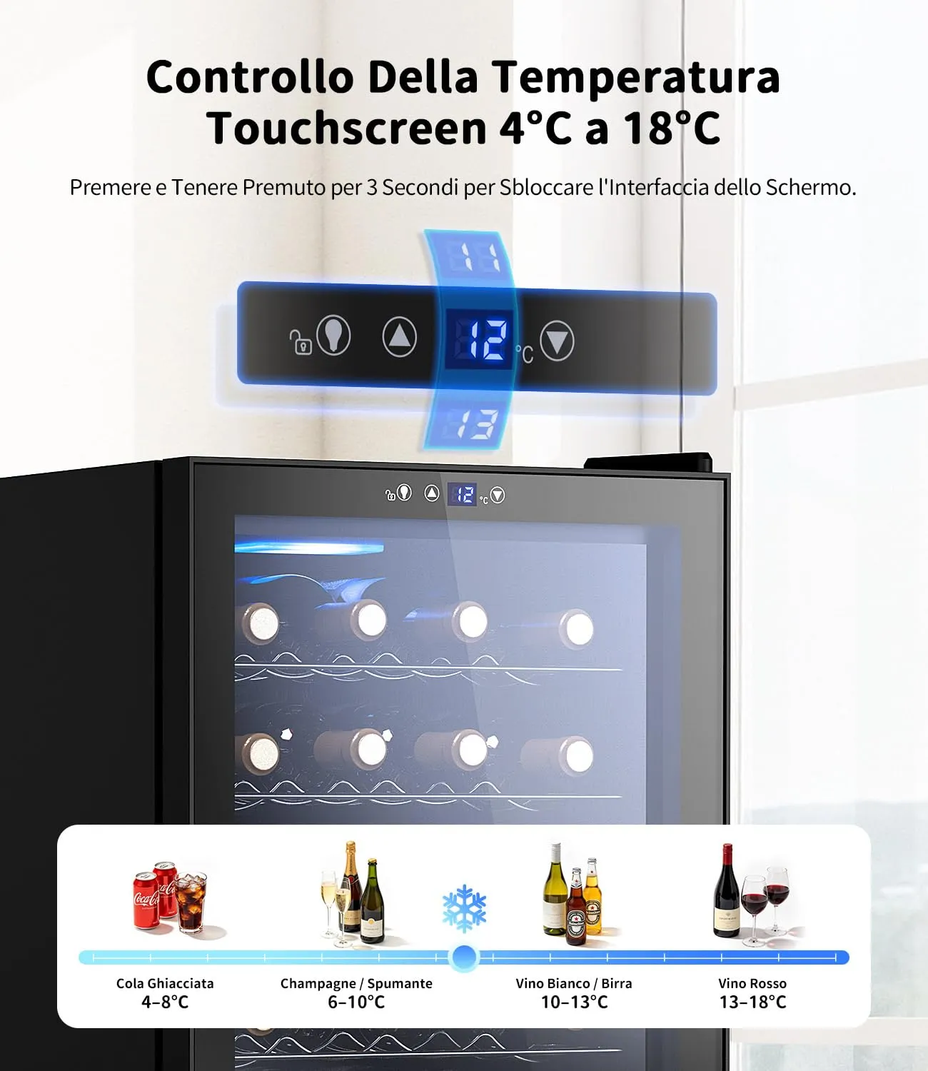 WIE Cantinetta Vino 24 Bottiglie 70L, Cantinetta Refrigerata per Vino a Compressore, 4-18°C con Touch Screen, Luce LED, Silenzioso <42 dB, 4 Ripiani in Acciaio Inox Rimovibili, per Bar, Casa, Ufficio - immagine 3