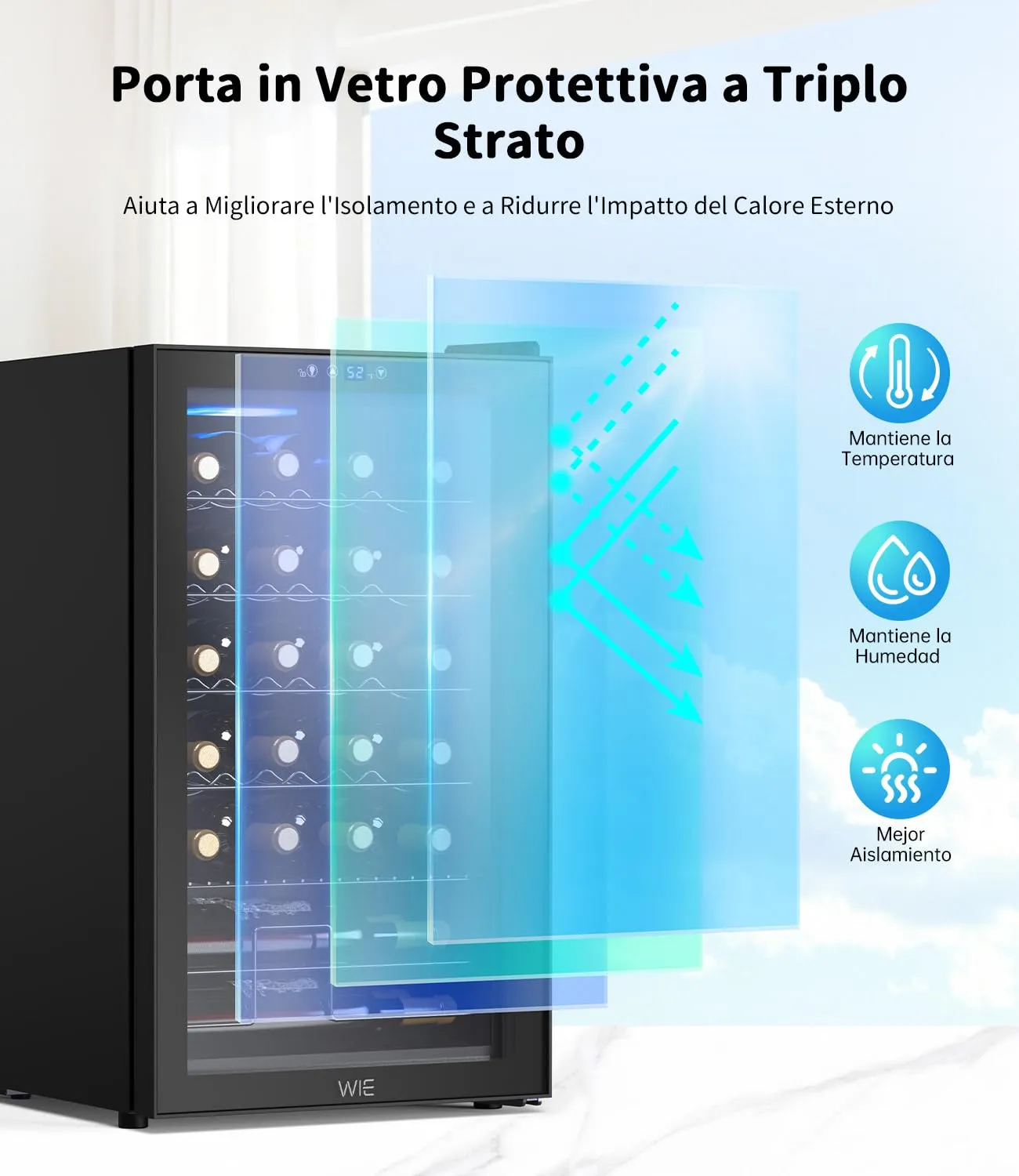 WIE Cantinetta Vino 24 Bottiglie 70L, Cantinetta Refrigerata per Vino a Compressore, 4-18°C con Touch Screen, Luce LED, Silenzioso <42 dB, 4 Ripiani in Acciaio Inox Rimovibili, per Bar, Casa, Ufficio - immagine 4