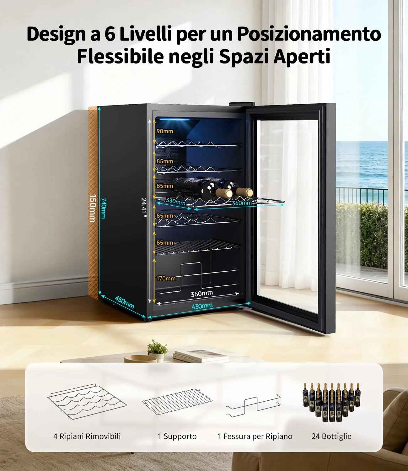 WIE Cantinetta Vino 24 Bottiglie 70L, Cantinetta Refrigerata per Vino a Compressore, 4-18°C con Touch Screen, Luce LED, Silenzioso <42 dB, 4 Ripiani in Acciaio Inox Rimovibili, per Bar, Casa, Ufficio - immagine 5