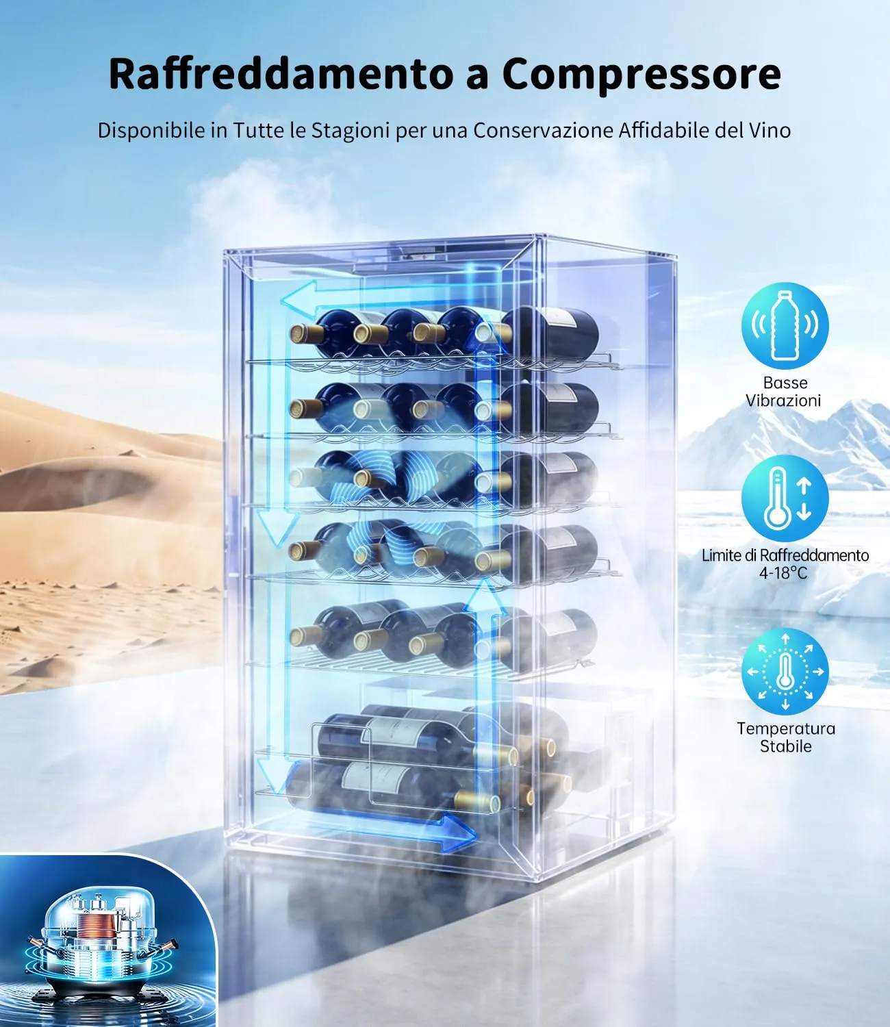 WIE Cantinetta Vino 24 Bottiglie 70L, Cantinetta Refrigerata per Vino a Compressore, 4-18°C con Touch Screen, Luce LED, Silenzioso <42 dB, 4 Ripiani in Acciaio Inox Rimovibili, per Bar, Casa, Ufficio - immagine 6
