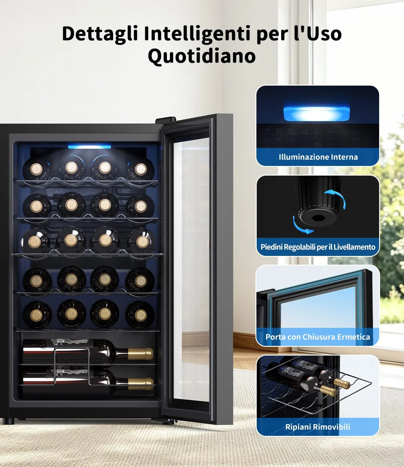 WIE Cantinetta Vino 24 Bottiglie 70L, Cantinetta Refrigerata per Vino a Compressore, 4-18°C con Touch Screen, Luce LED, Silenzioso <42 dB, 4 Ripiani in Acciaio Inox Rimovibili, per Bar, Casa, Ufficio - immagine 8
