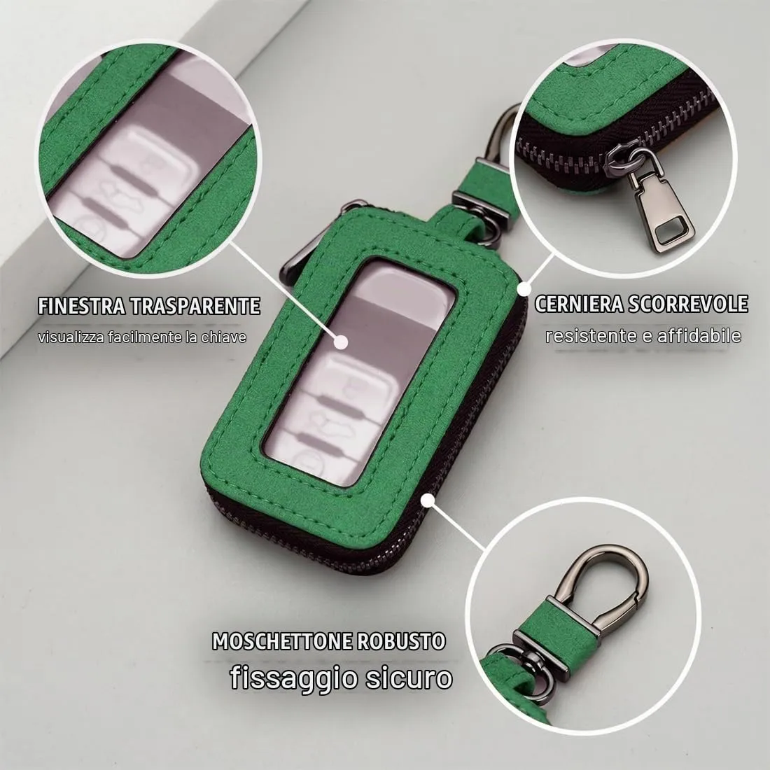 Custodia in Pelle per Chiave dell'auto, Portachiavi in Pelle, con Gancio in Metallo e Cerniera, con Finestra Trasparente (D) - immagine 3