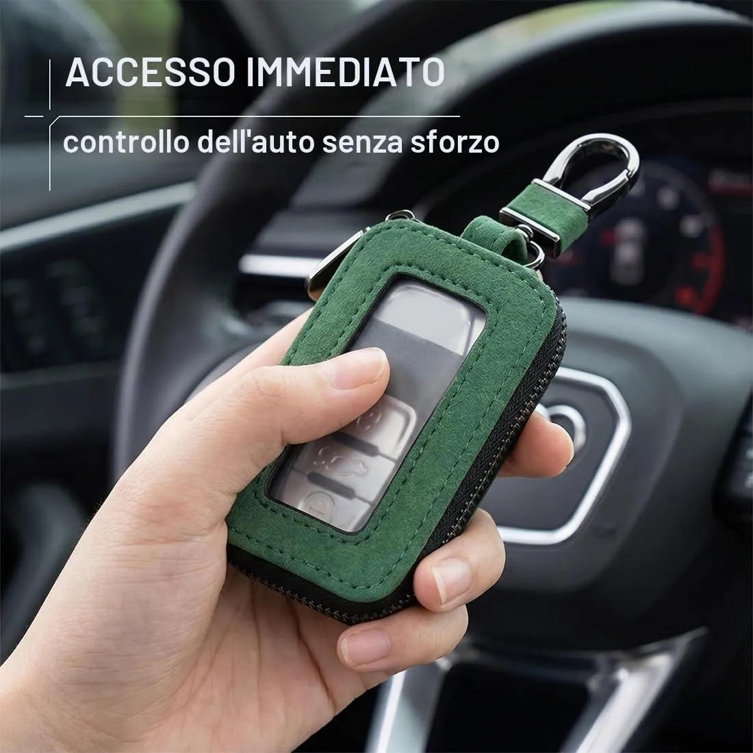 Custodia in Pelle per Chiave dell'auto, Portachiavi in Pelle, con Gancio in Metallo e Cerniera, con Finestra Trasparente (D) - immagine 4