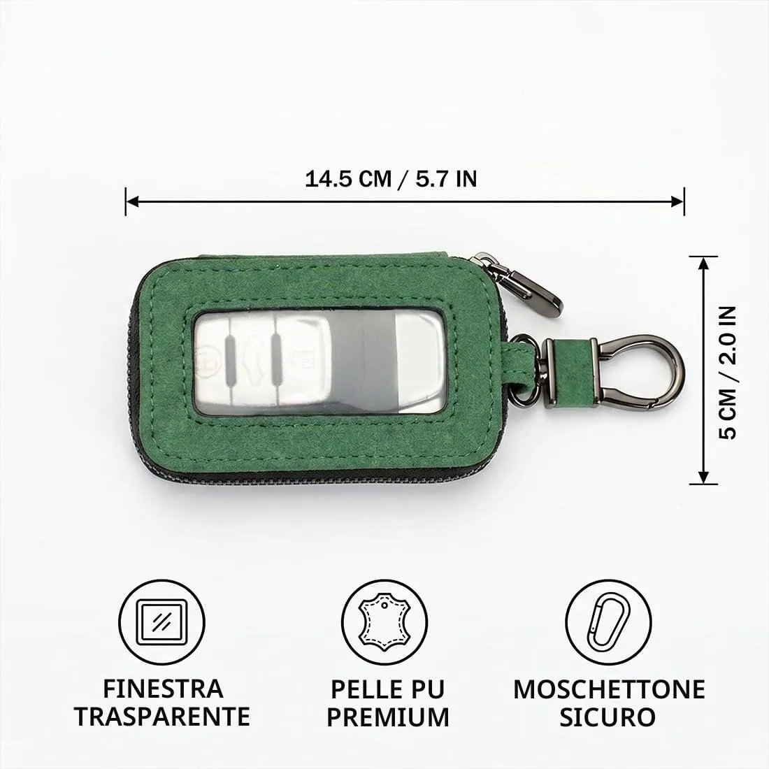 Custodia in Pelle per Chiave dell'auto, Portachiavi in Pelle, con Gancio in Metallo e Cerniera, con Finestra Trasparente (D) - immagine 6