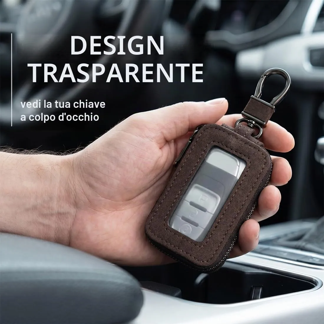 Custodia in Pelle per Chiave dell'auto, Portachiavi in Pelle, con Gancio in Metallo e Cerniera, con Finestra Trasparente (B) - immagine 2