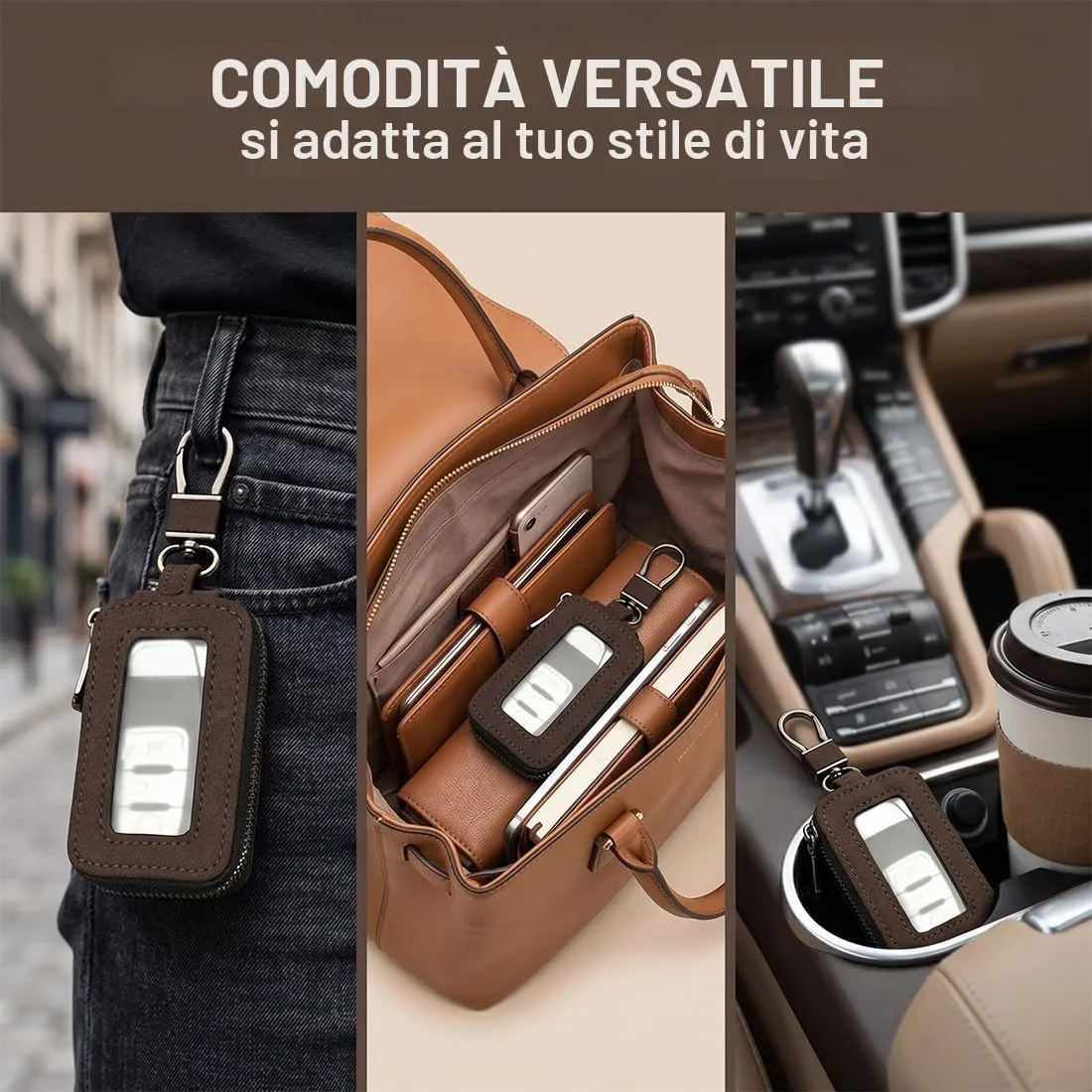 Custodia in Pelle per Chiave dell'auto, Portachiavi in Pelle, con Gancio in Metallo e Cerniera, con Finestra Trasparente (B) - immagine 4